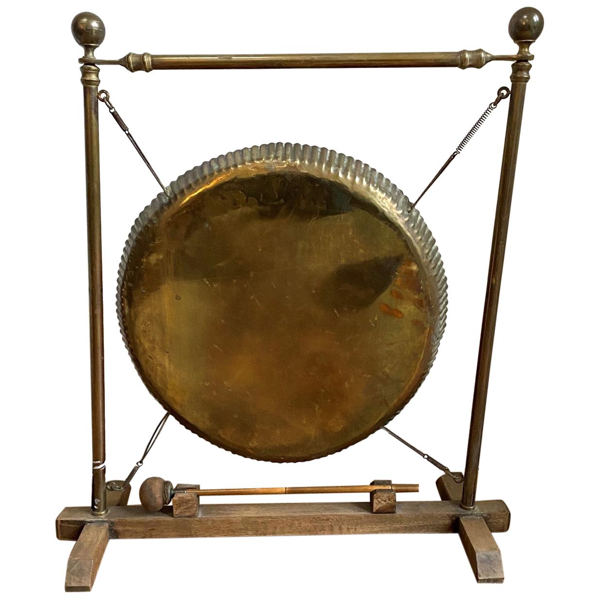 English Vintage Brass and Oak Framed Dinner Gong For Sale