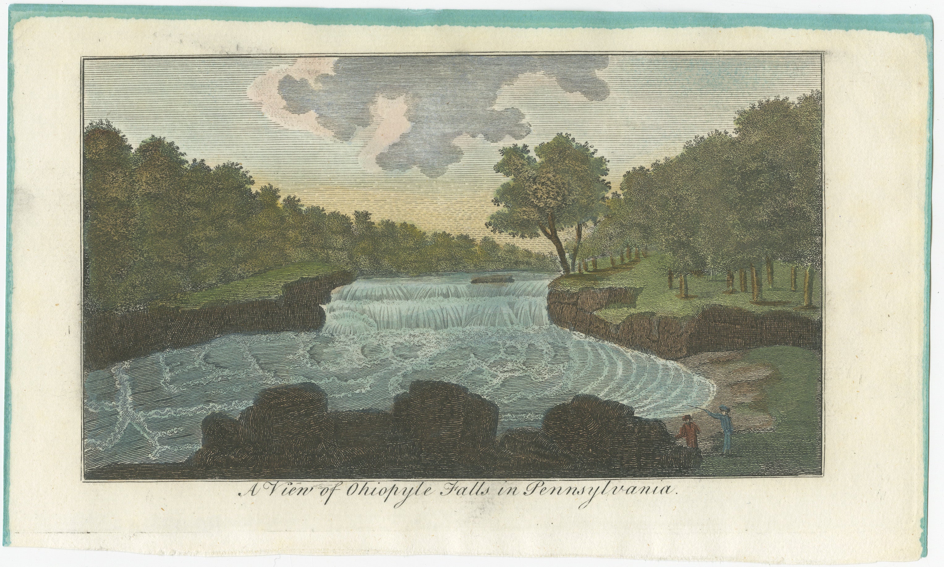 A View of Ohiopyle Falls in Pennsylvania

This charming hand-colored engraving presents a serene view of Ohiopyle Falls in Pennsylvania, a natural landmark renowned for its cascading waters and lush surroundings. The scene captures the tranquility