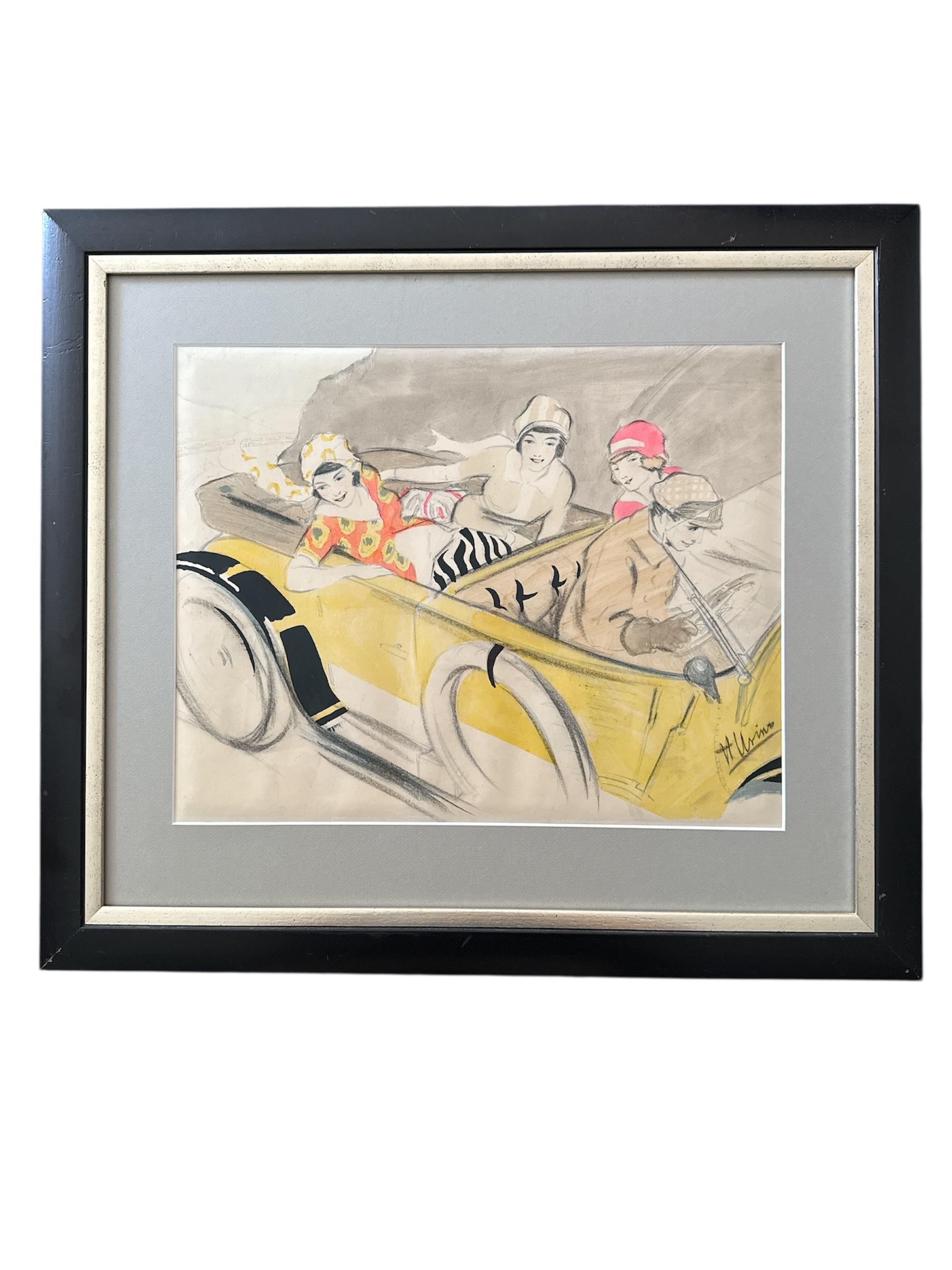 Un agradable paseo en coche del artista italiano H. Usino, hacia 1930. 
Litografía en color en un marco ennegrecido y plateado.