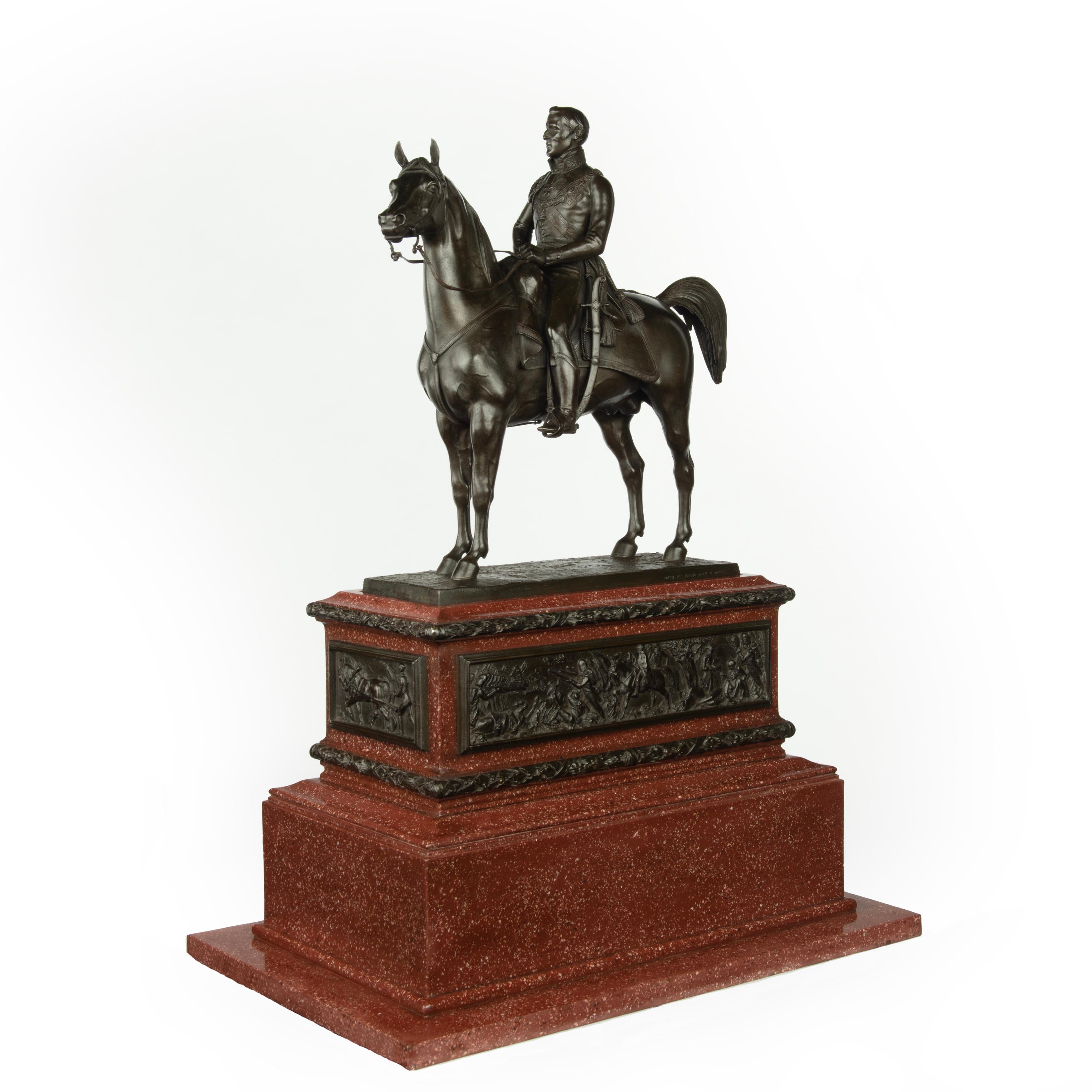 An equestrian statuette of the Duke of Wellington by Morel after Marochetti. This bronze shows Arthur Wellesley, 1st Duke of Wellington, astride his famous horse, Copenhagen.  He is in uniform and regalia including the Order of the Golden Fleece,