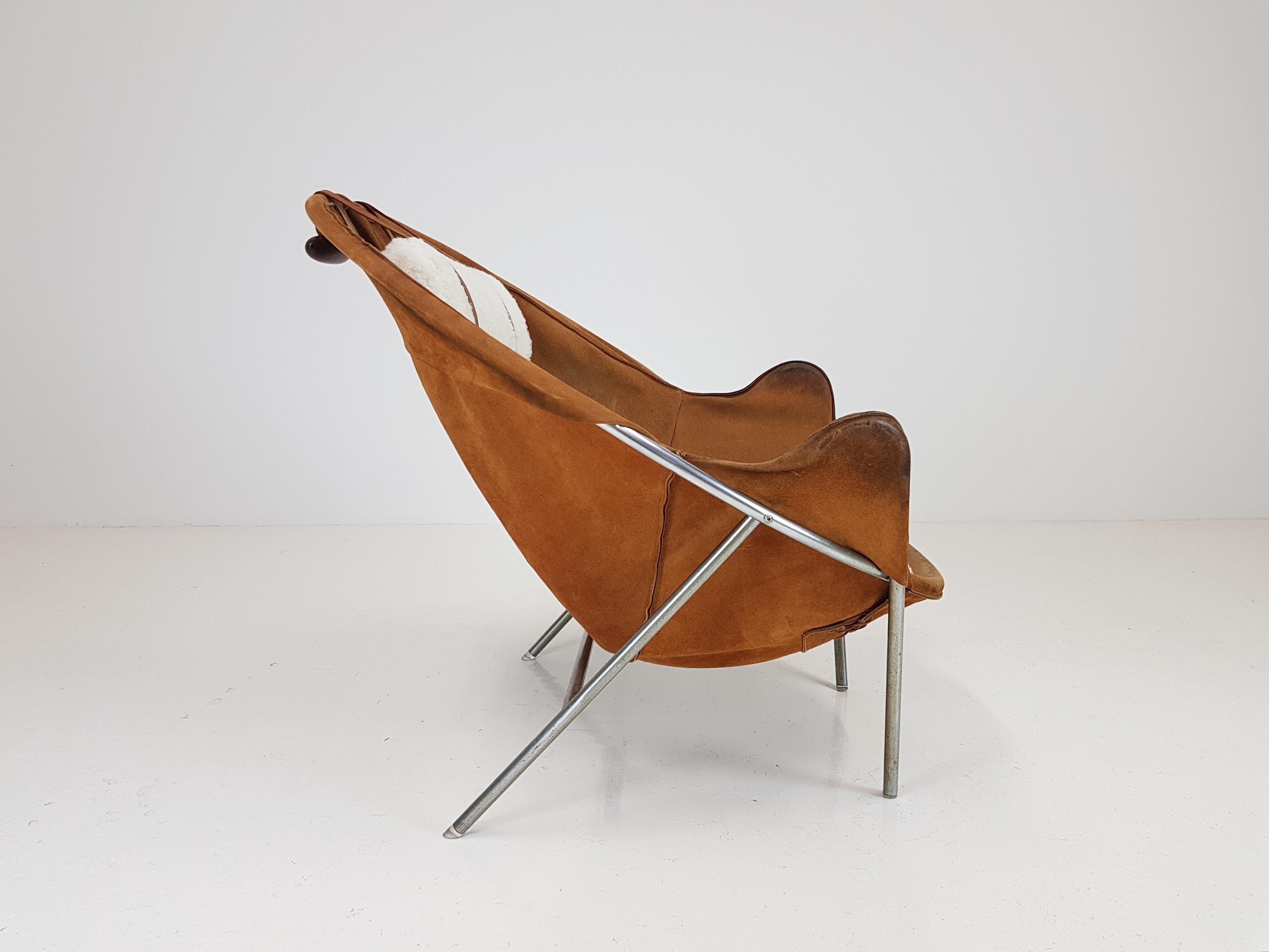 Chrome Erik Ole Jørgensen Lounge Chair for Olaf Black, in Cognac Suede, Denmark, 1953