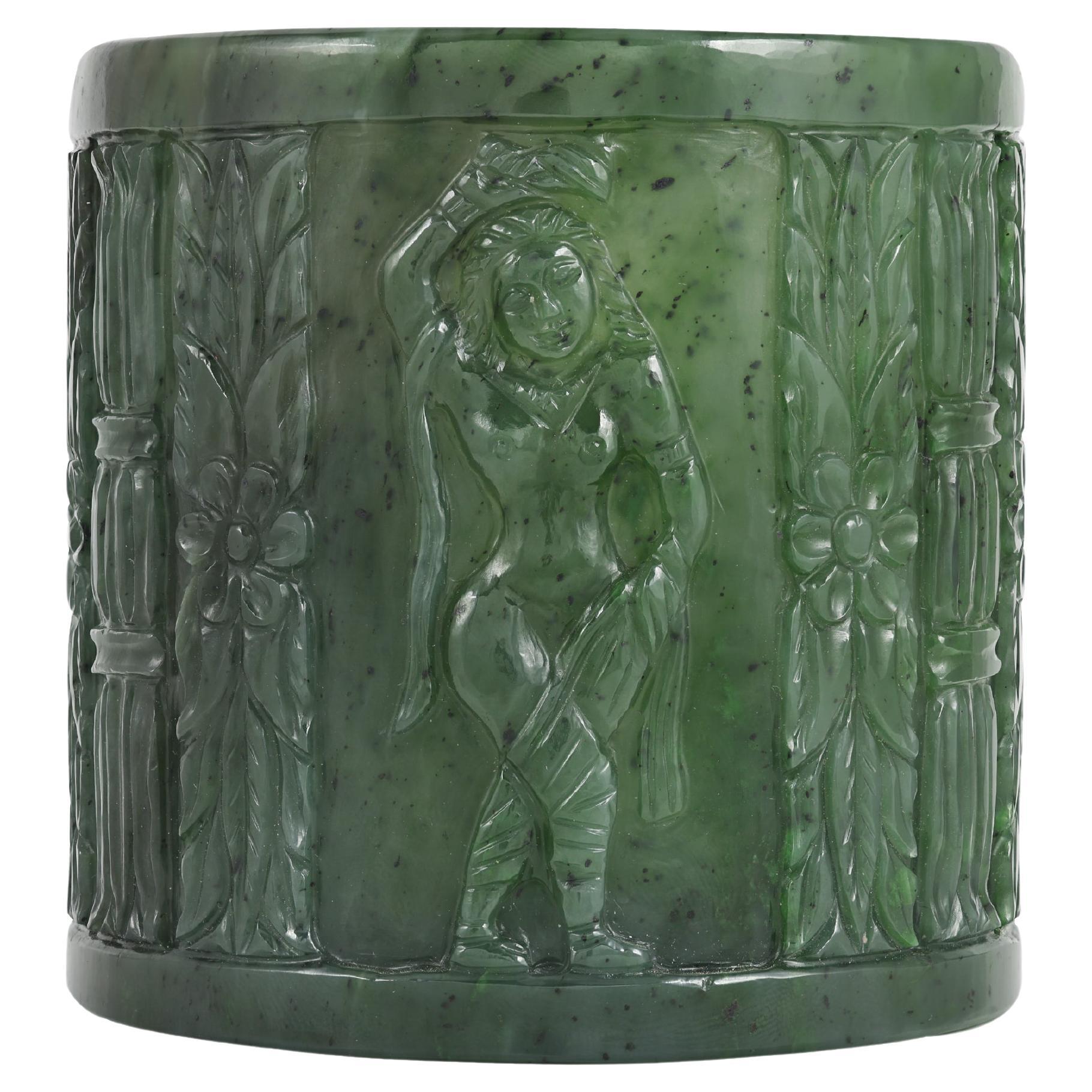 An erotica Indian Carved nephrite jade whiskey glass inspired from Kamasutra For Sale