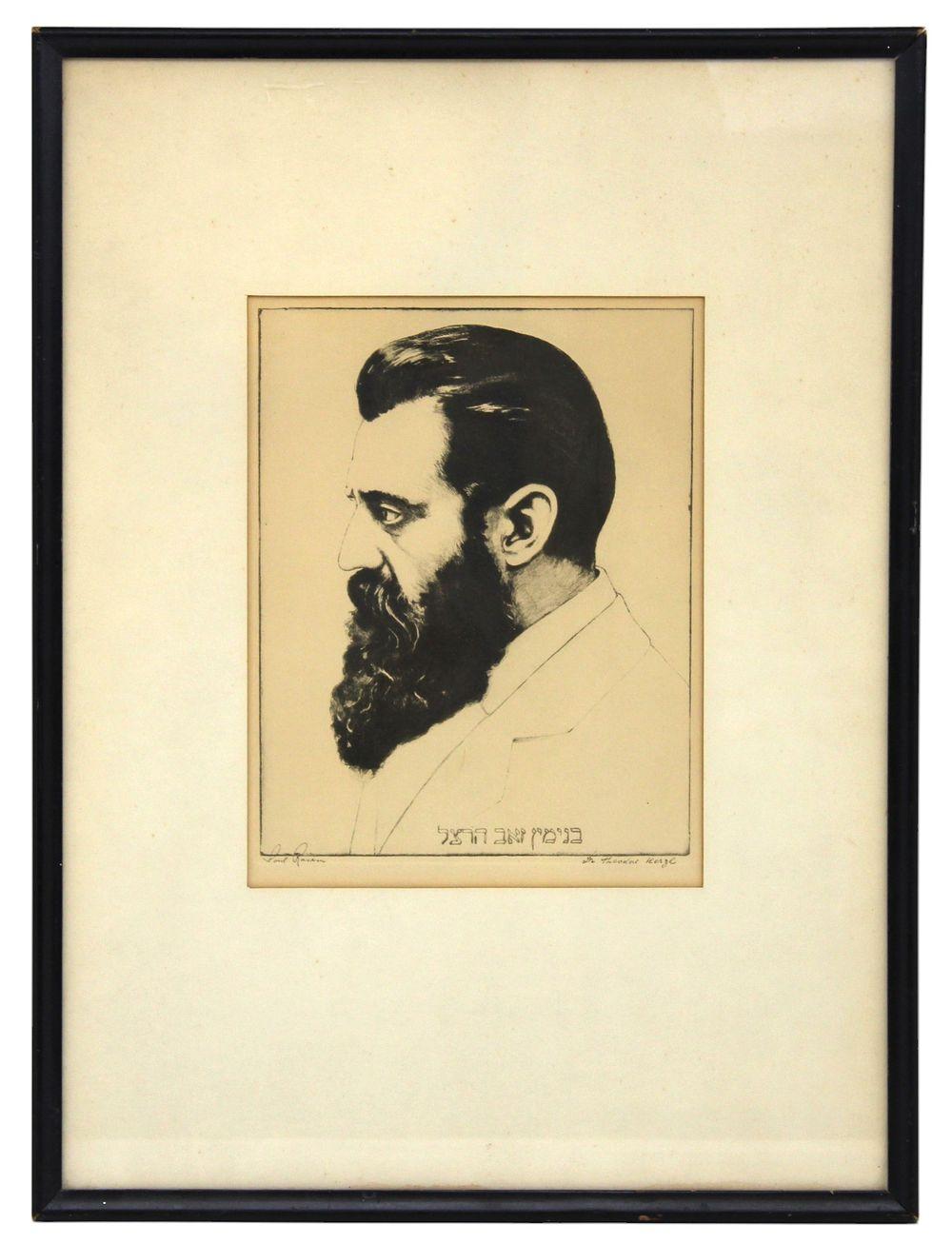 Geätztes Porträt von Dr. Theodor Herzl von Saul Raskin - Anfang des 20.
Stimmungsvolle Radierung des Vaters des modernen Zionismus

Dieses kraftvolle und sorgfältig geätzte Porträt von Dr. Theodor Herzl, dem Gründervater des modernen politischen