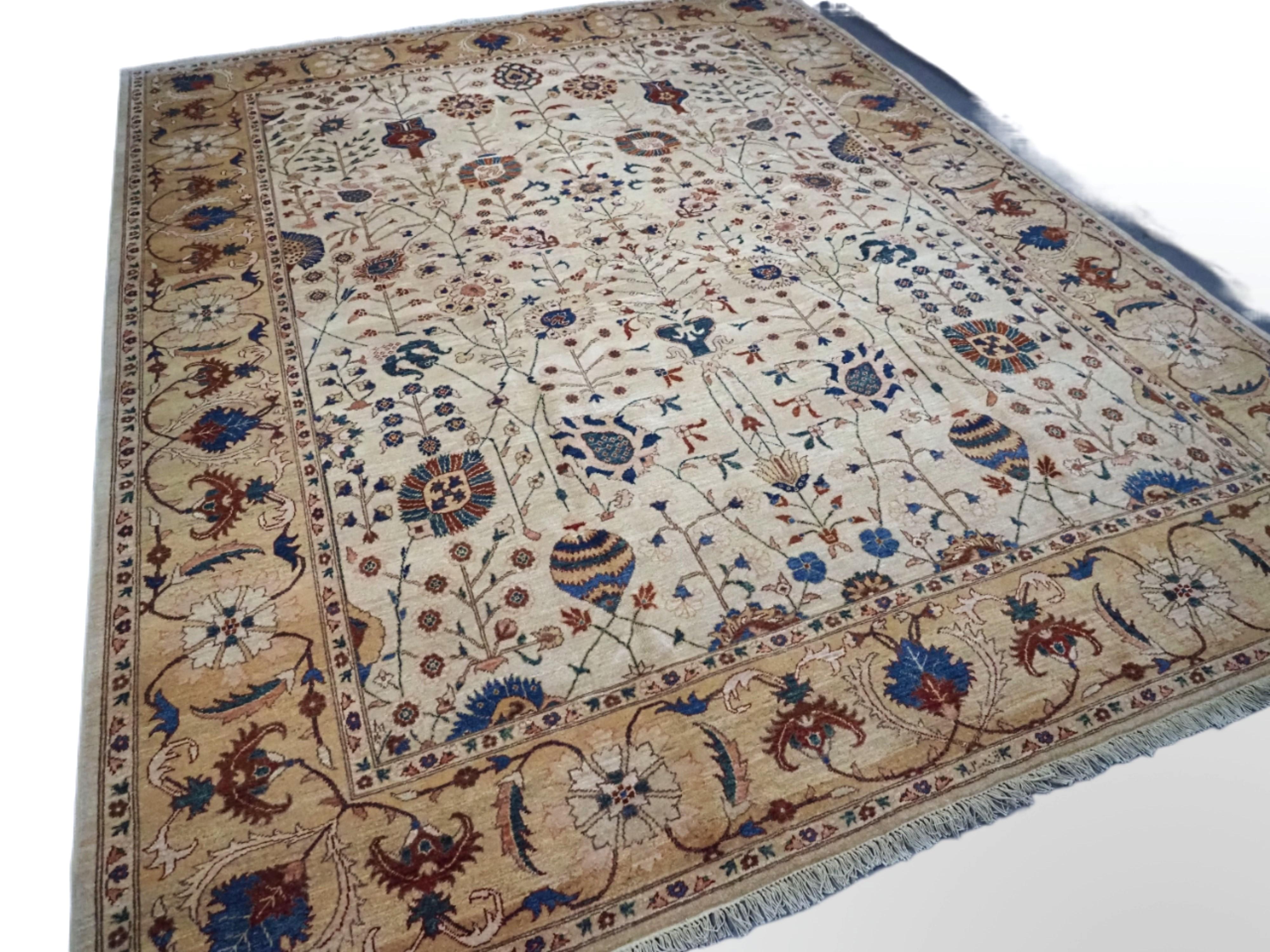 
Size: 11ft 6in x 9ft 0in. (350 x 274cm)

An excellent example of a Ziegler design carpet of recent production hand knotted in Afghanistan.

About 10 years old.

Pleasing Persian floral vase design inspired by 17th century Kirman vase carpets. The
