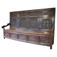 Used An Exceptional 17th Century English Oak Carved Box Settle.