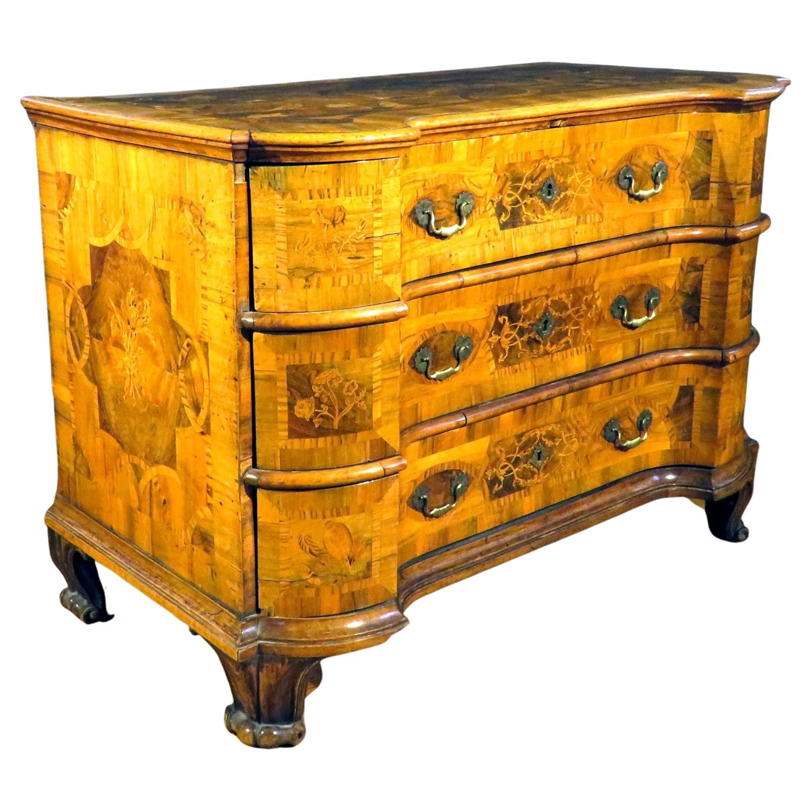 An Exceptional 18th Century Inlaid Fruitwood German Baroque Commode, Circa 1740