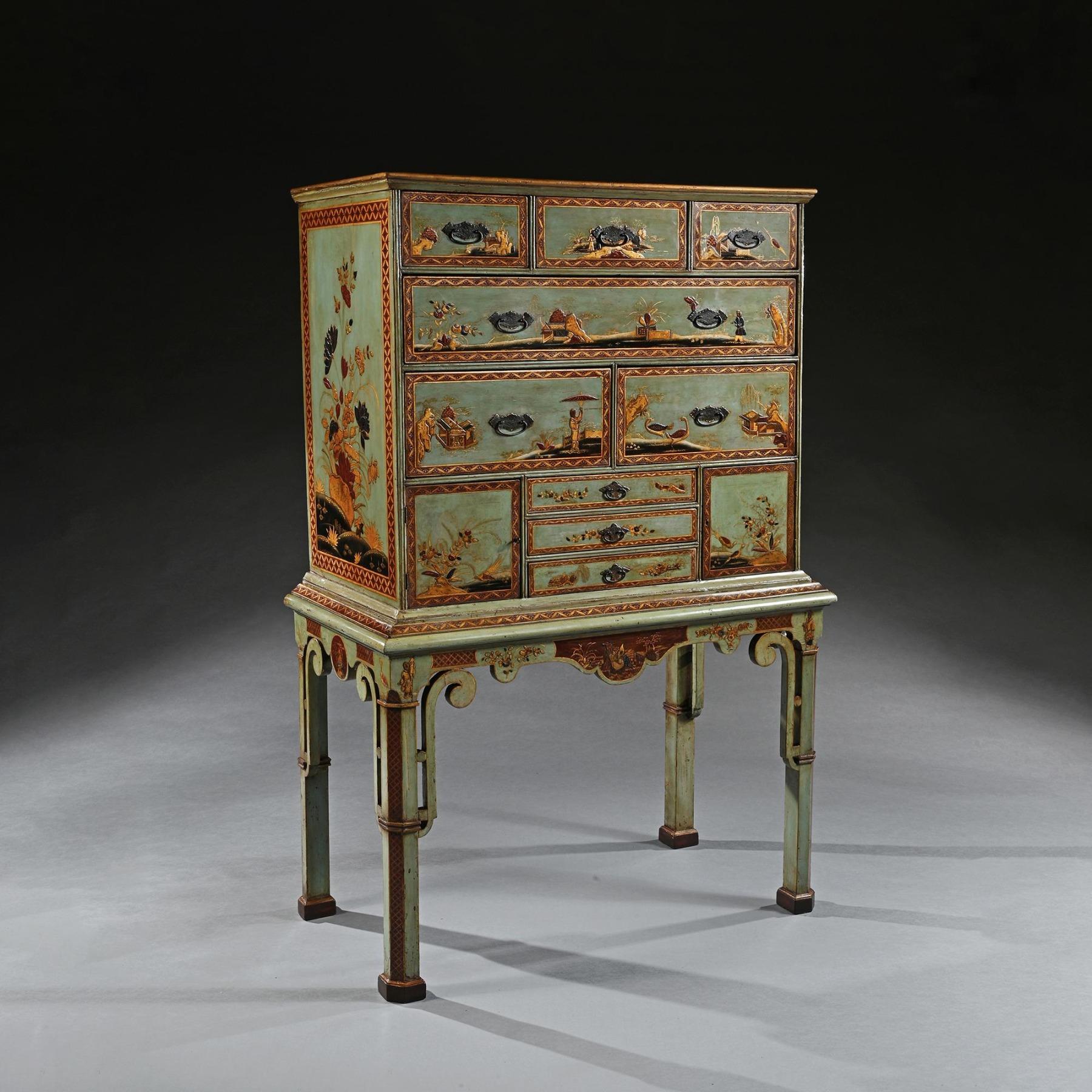 A Superb and Rare 18th Century European Japanned Chinoiserie Chest on Stand with important provenance.

English Circa 1780
 
Provenance
 
Villa Guaita, Cadenabbia, Lombardy (Italy)
 
Sold by Galleria Pesaro of Milan in a house sale conducted on the
