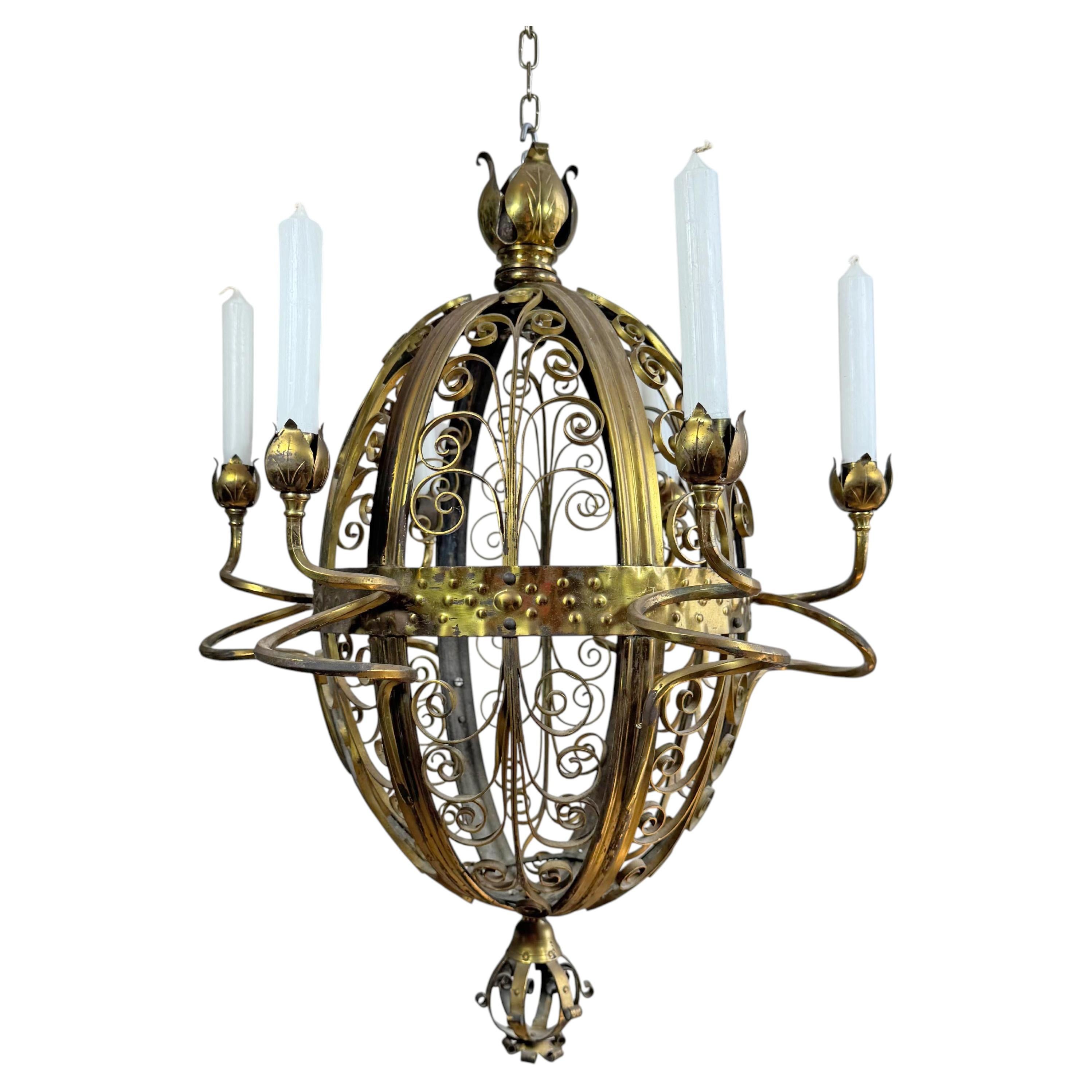 An Exceptional 19th Century Gothic Revival Wrought Iron and Brass Chandelier For Sale