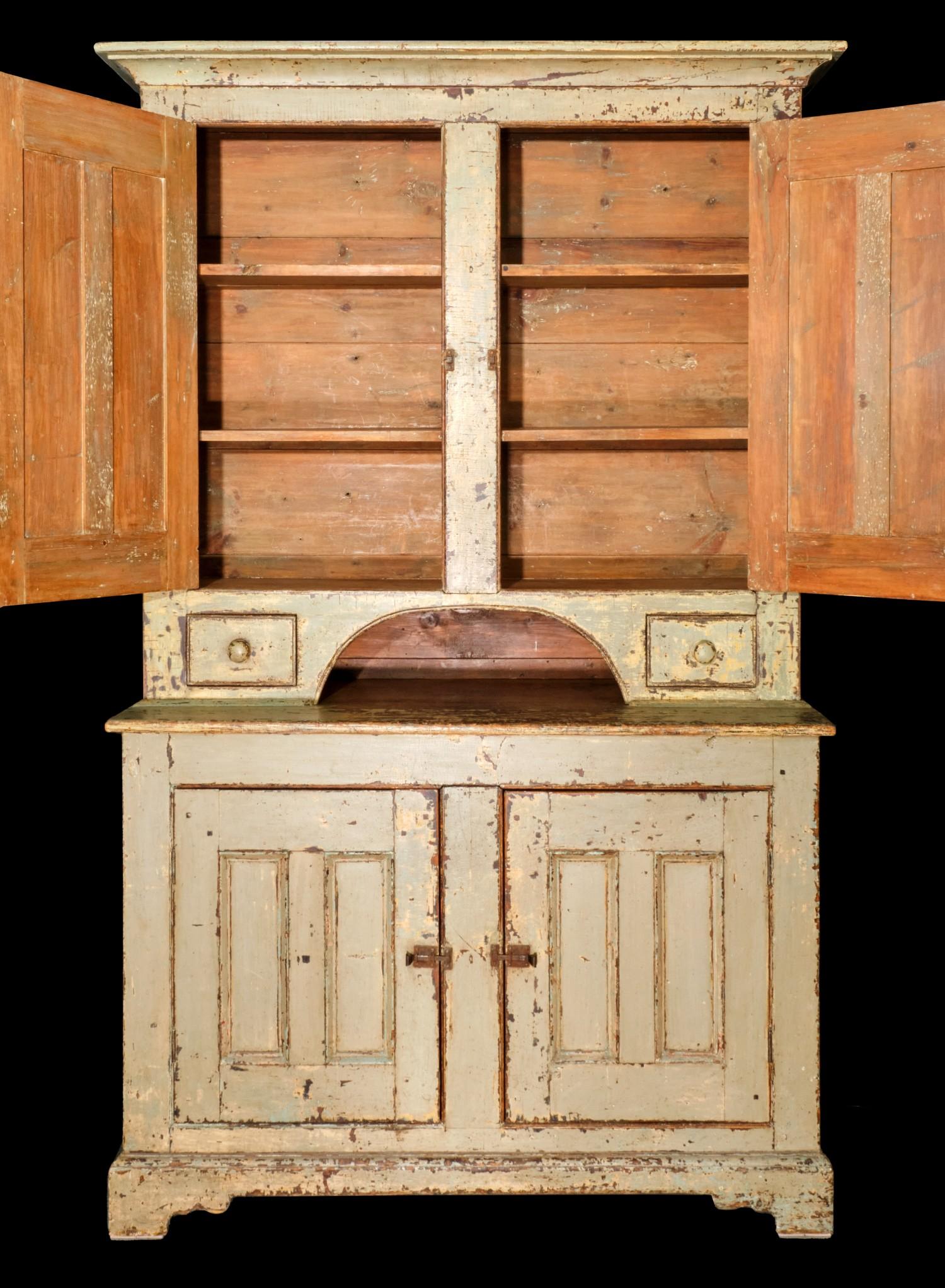 Rustic An Exceptional 19th Century Two Part Painted Pine Cupboard, Canada Circa 1820