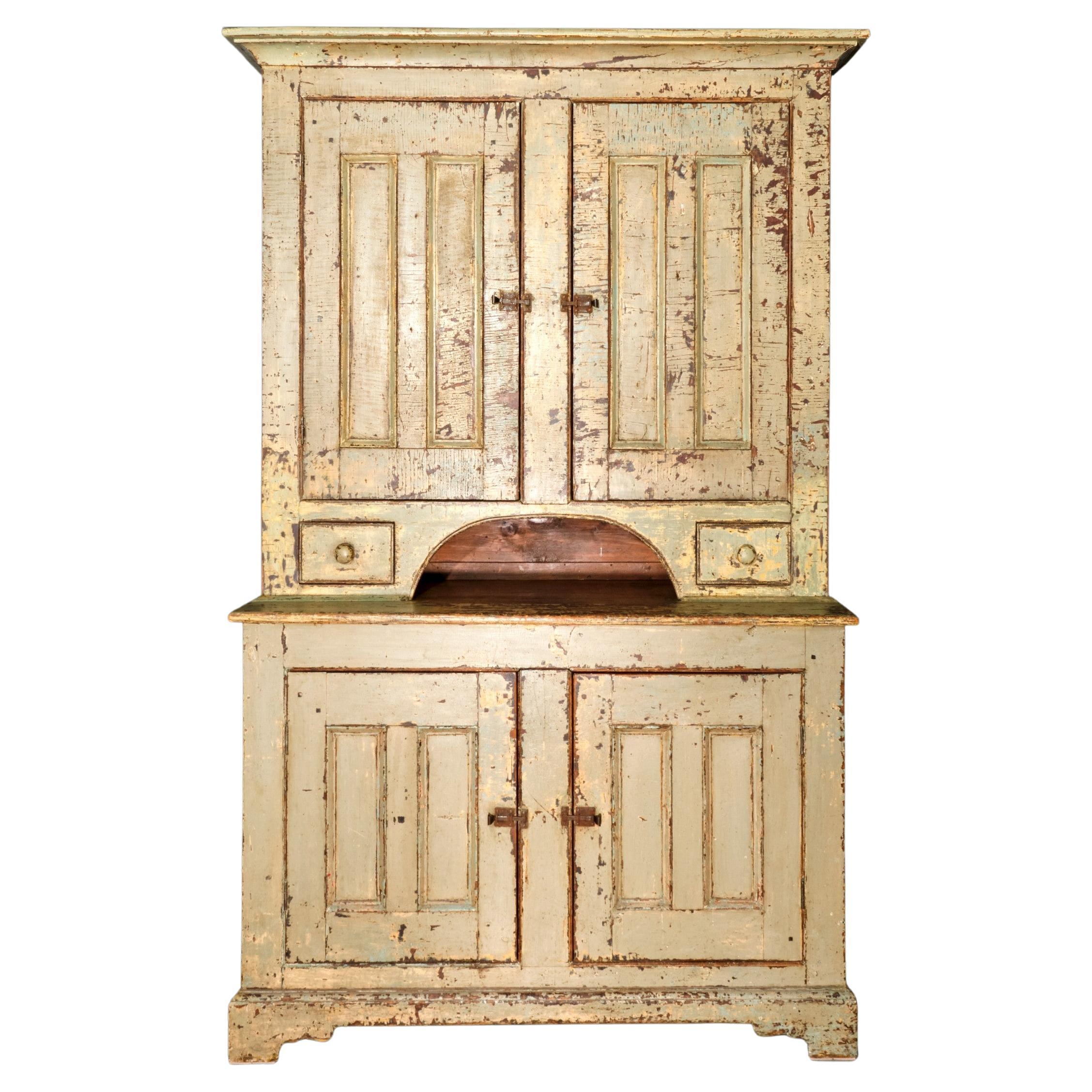 An Exceptional 19th Century Two Part Painted Pine Cupboard, Canada Circa 1820