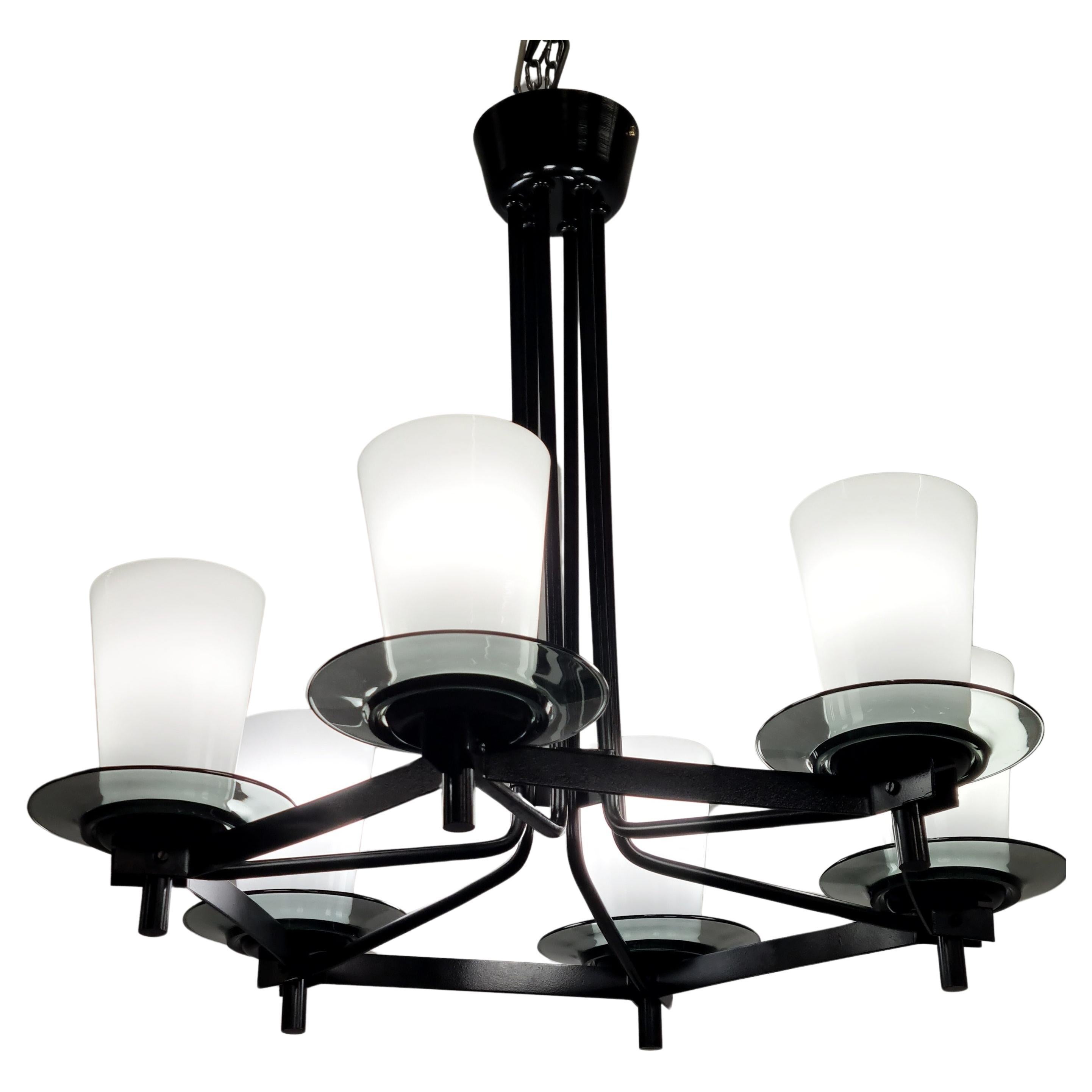 Scandinavian Modern Mid-Century Modern Idman Ceiling Lamp in Black & Opaline, Maria Lindemann, 1950s