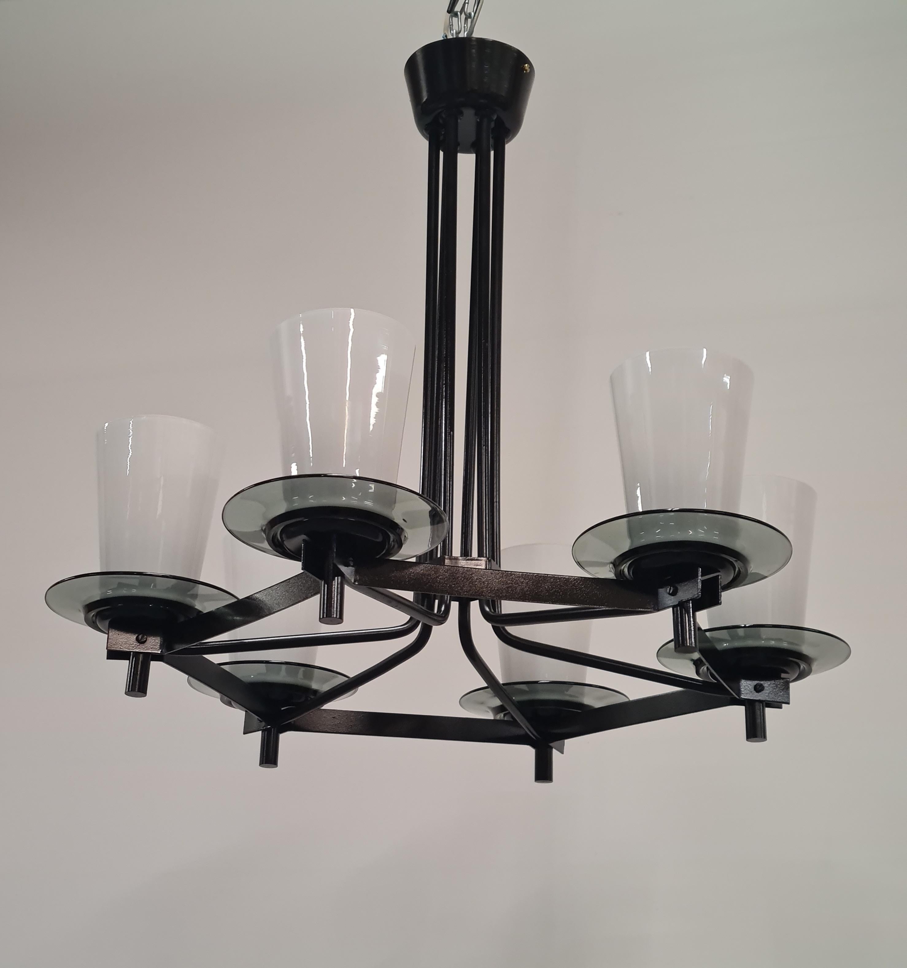 Finnish Mid-Century Modern Idman Ceiling Lamp in Black & Opaline, Maria Lindemann, 1950s