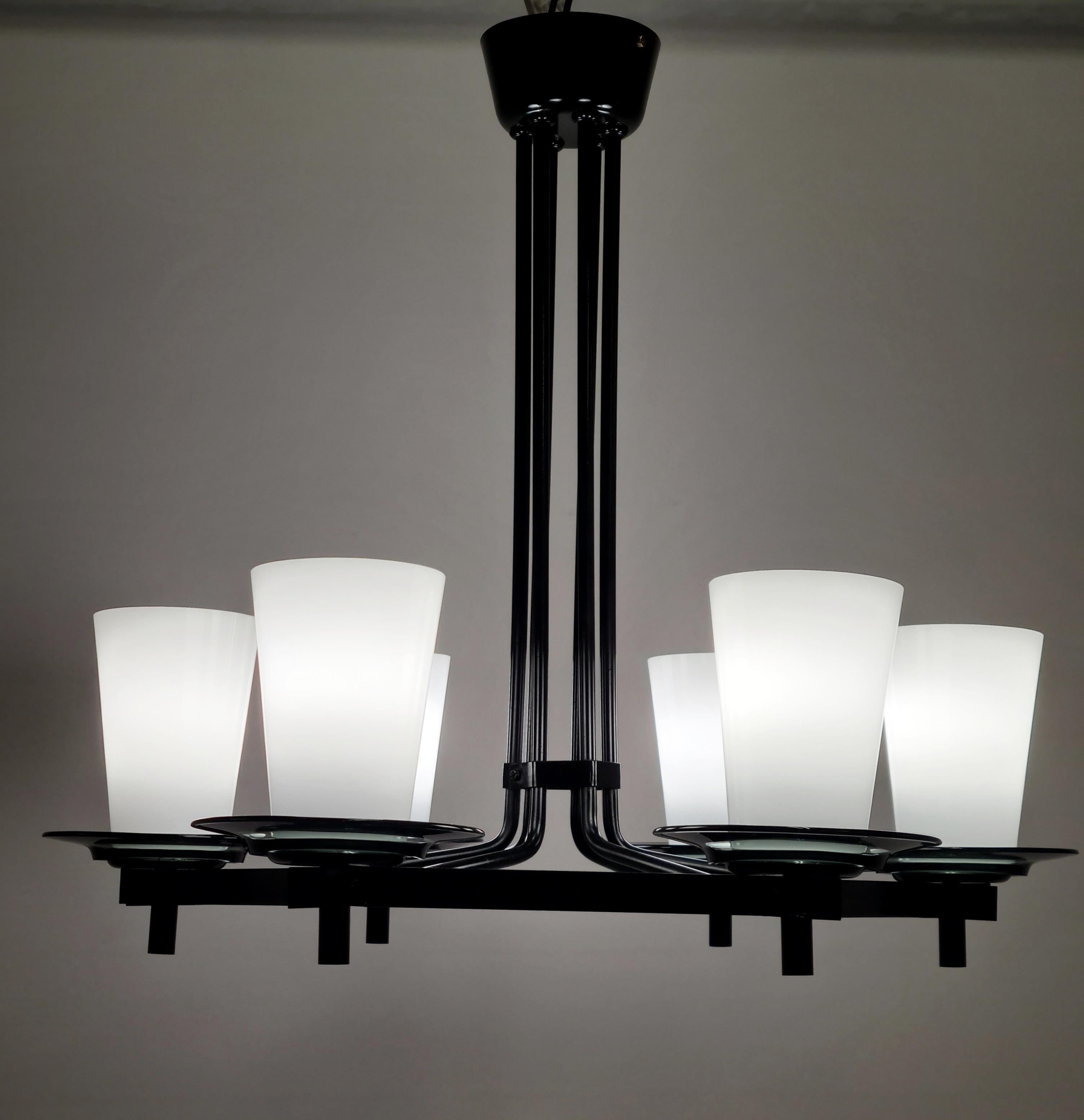 Metal Mid-Century Modern Idman Ceiling Lamp in Black & Opaline, Maria Lindemann, 1950s