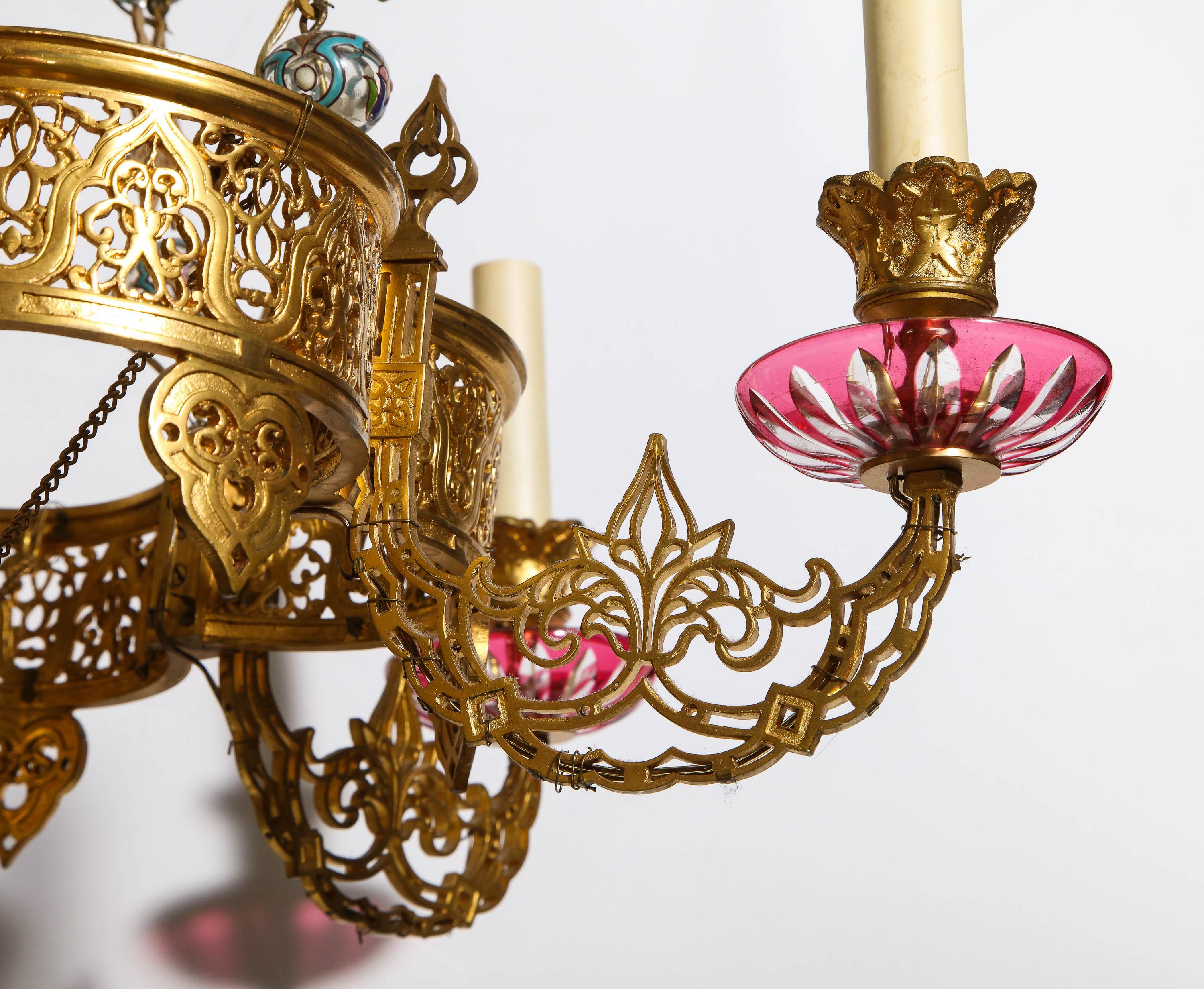 Exceptional and Rare Islamic Alhambra Bronze and Enameled Glass Chandelier For Sale 4