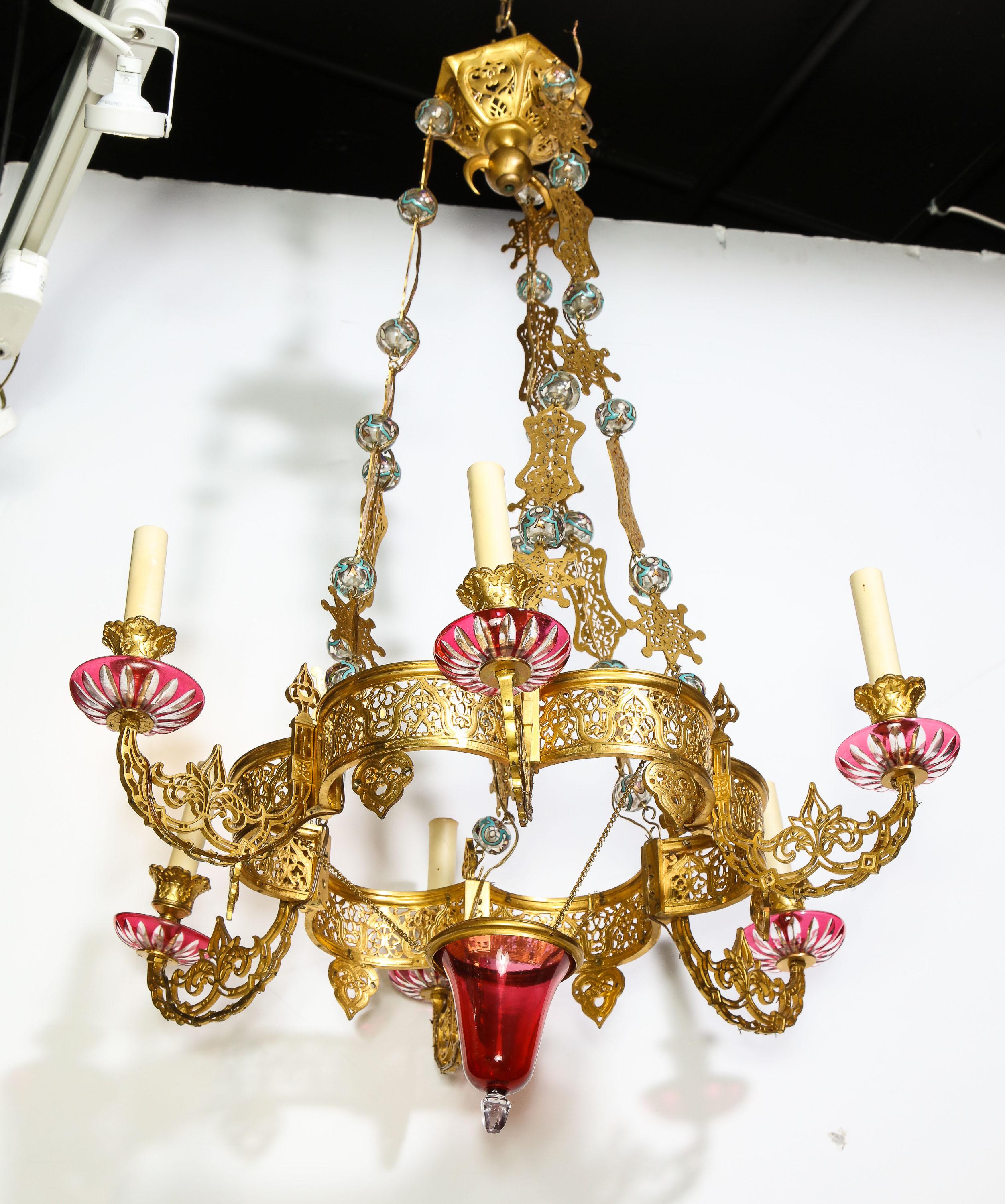 Exceptional and Rare Islamic Alhambra Bronze and Enameled Glass Chandelier For Sale 8