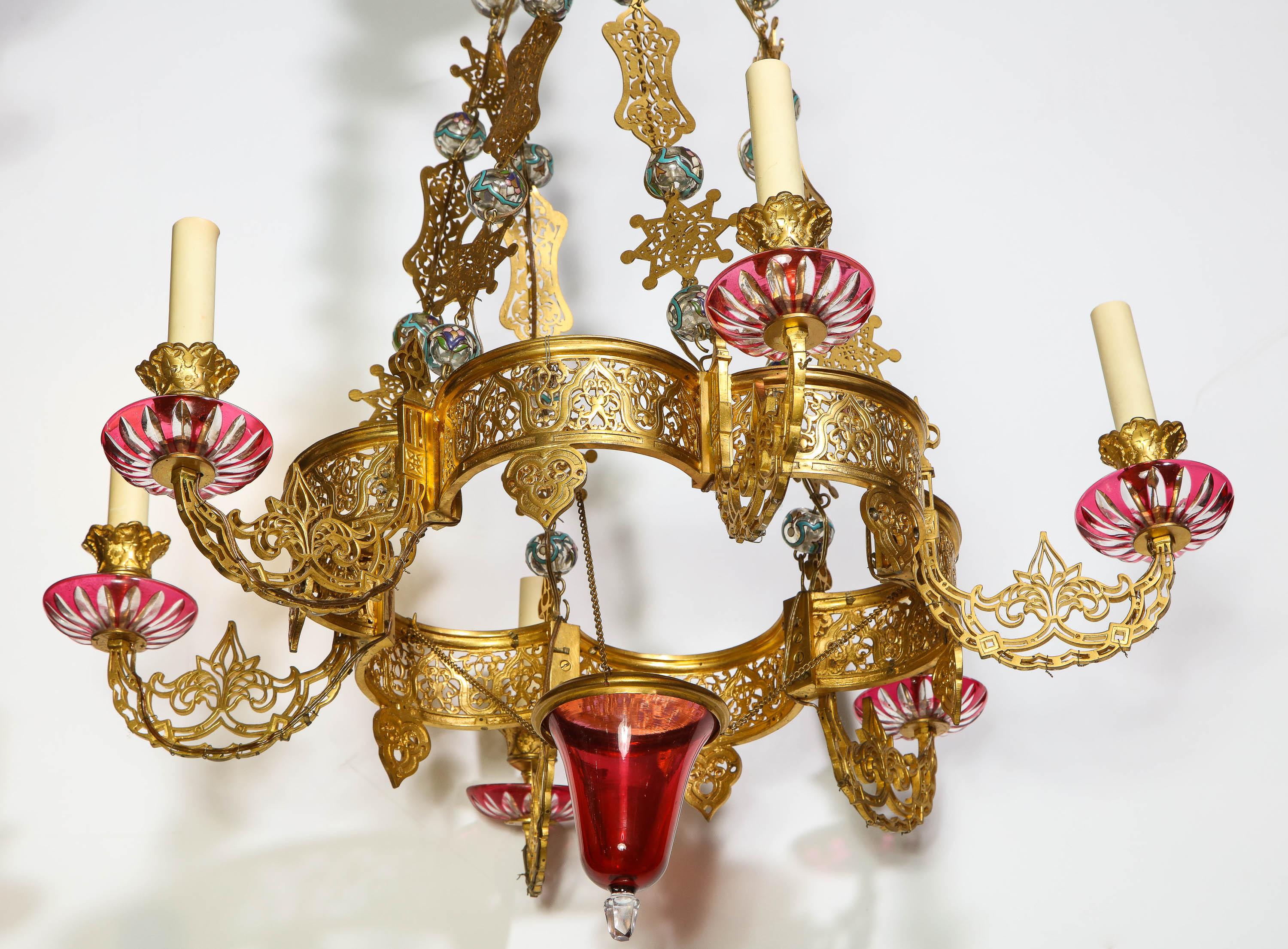 Exceptional and Rare Islamic Alhambra Bronze and Enameled Glass Chandelier For Sale 10