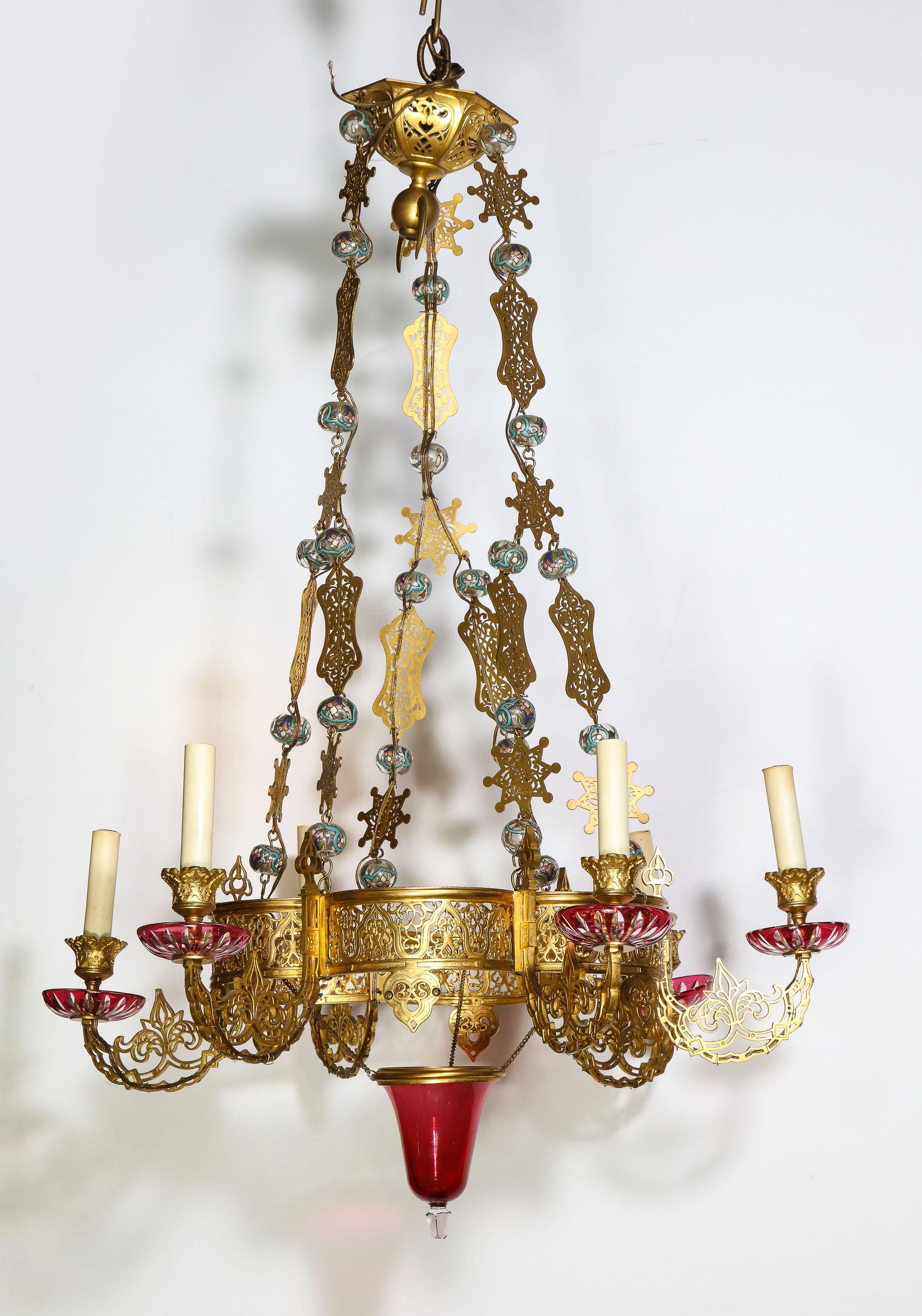 French Exceptional and Rare Islamic Alhambra Bronze and Enameled Glass Chandelier For Sale