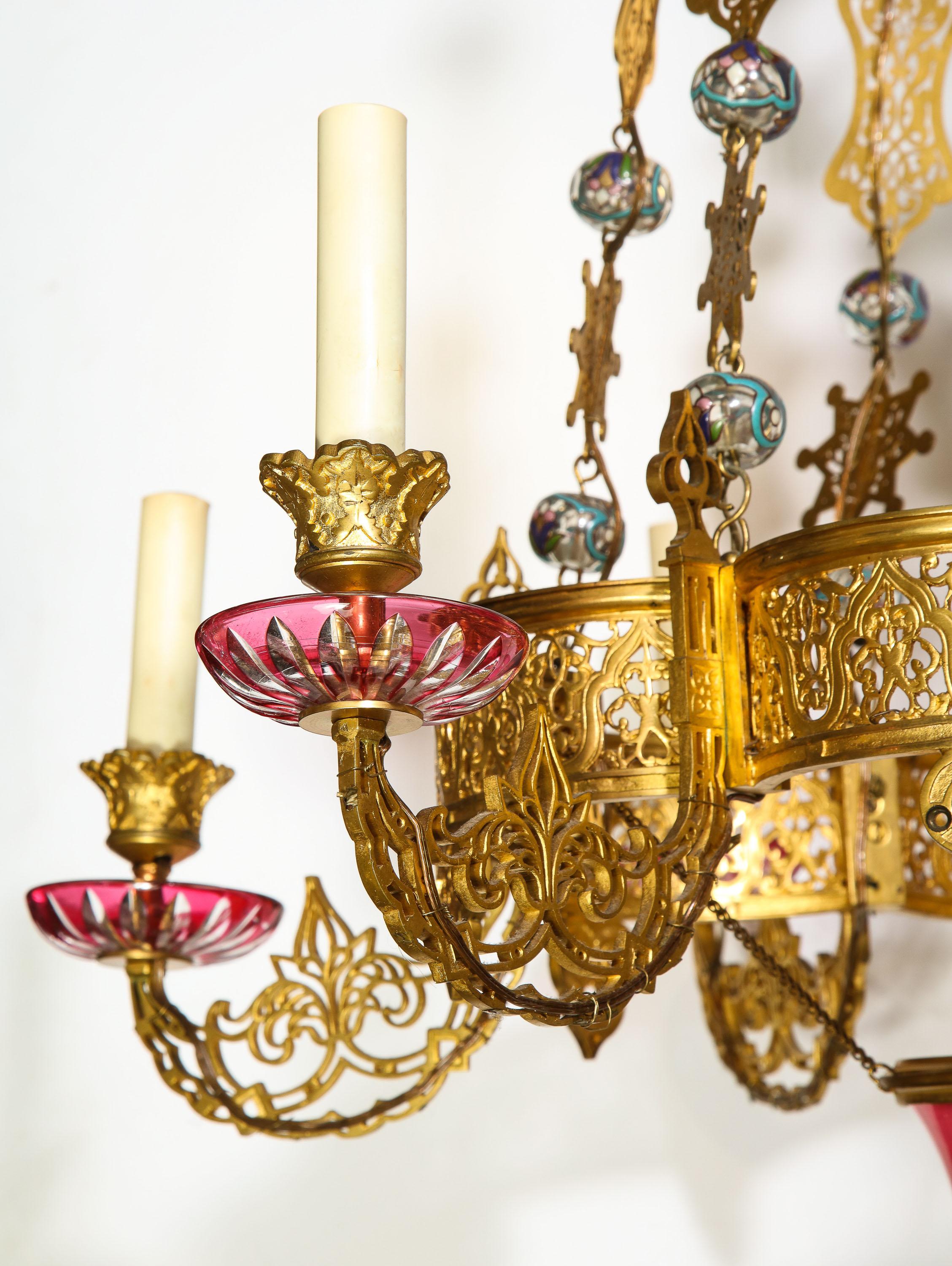 Exceptional and Rare Islamic Alhambra Bronze and Enameled Glass Chandelier In Good Condition For Sale In New York, NY