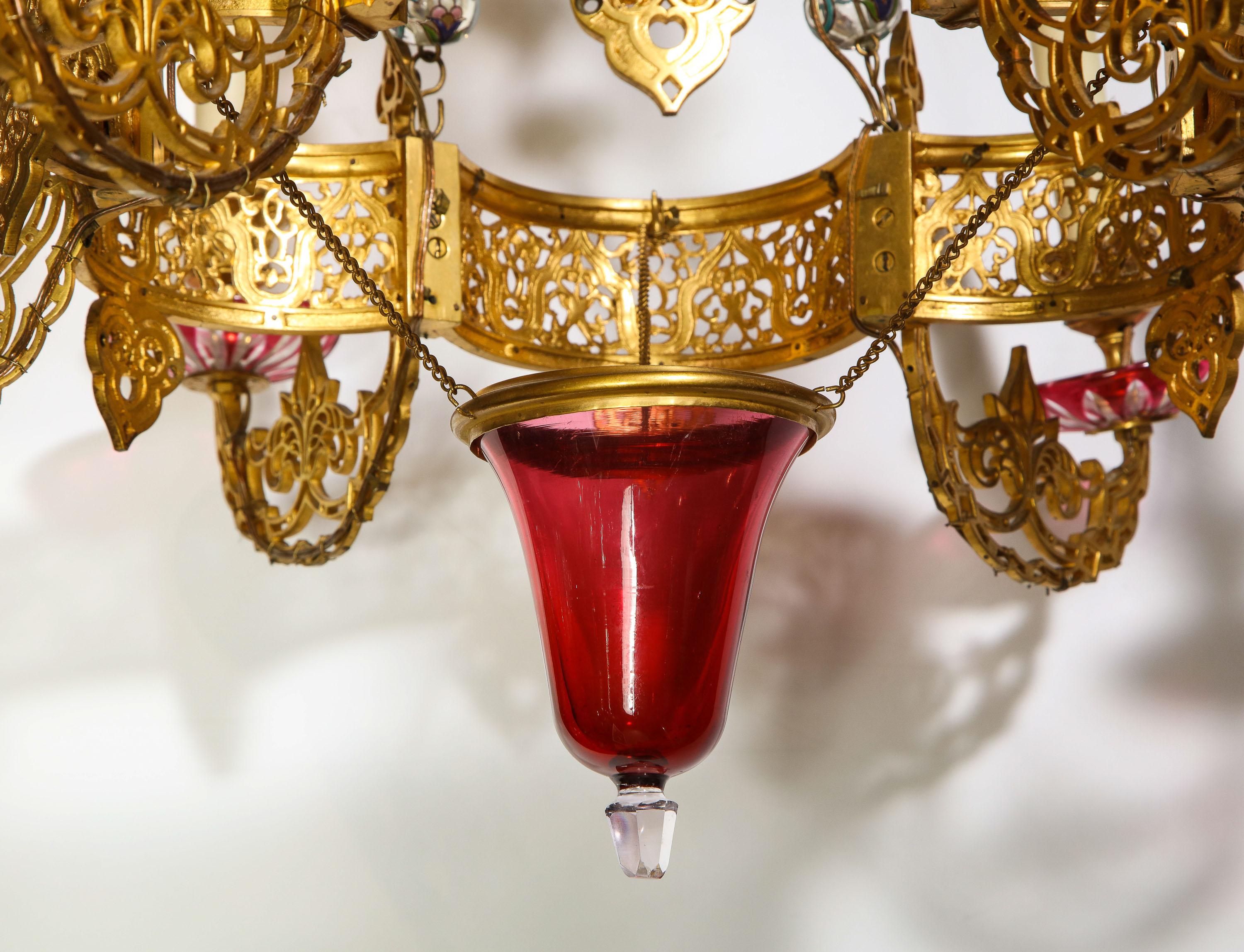 Exceptional and Rare Islamic Alhambra Bronze and Enameled Glass Chandelier For Sale 1