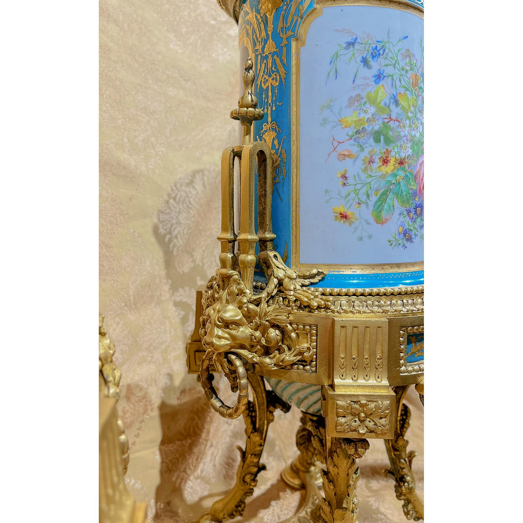 Exceptional and Unusual Pair of Porcelain Cerulean and Ormolu Urns For Sale 5
