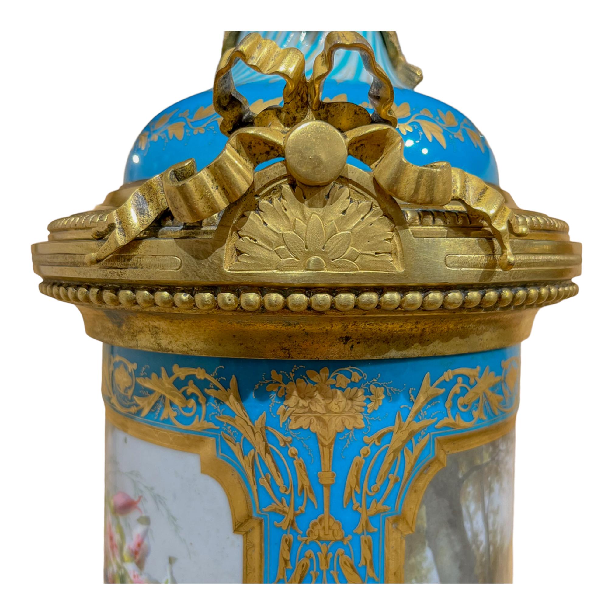 Exceptional and Unusual Pair of Porcelain Cerulean and Ormolu Urns For Sale 8