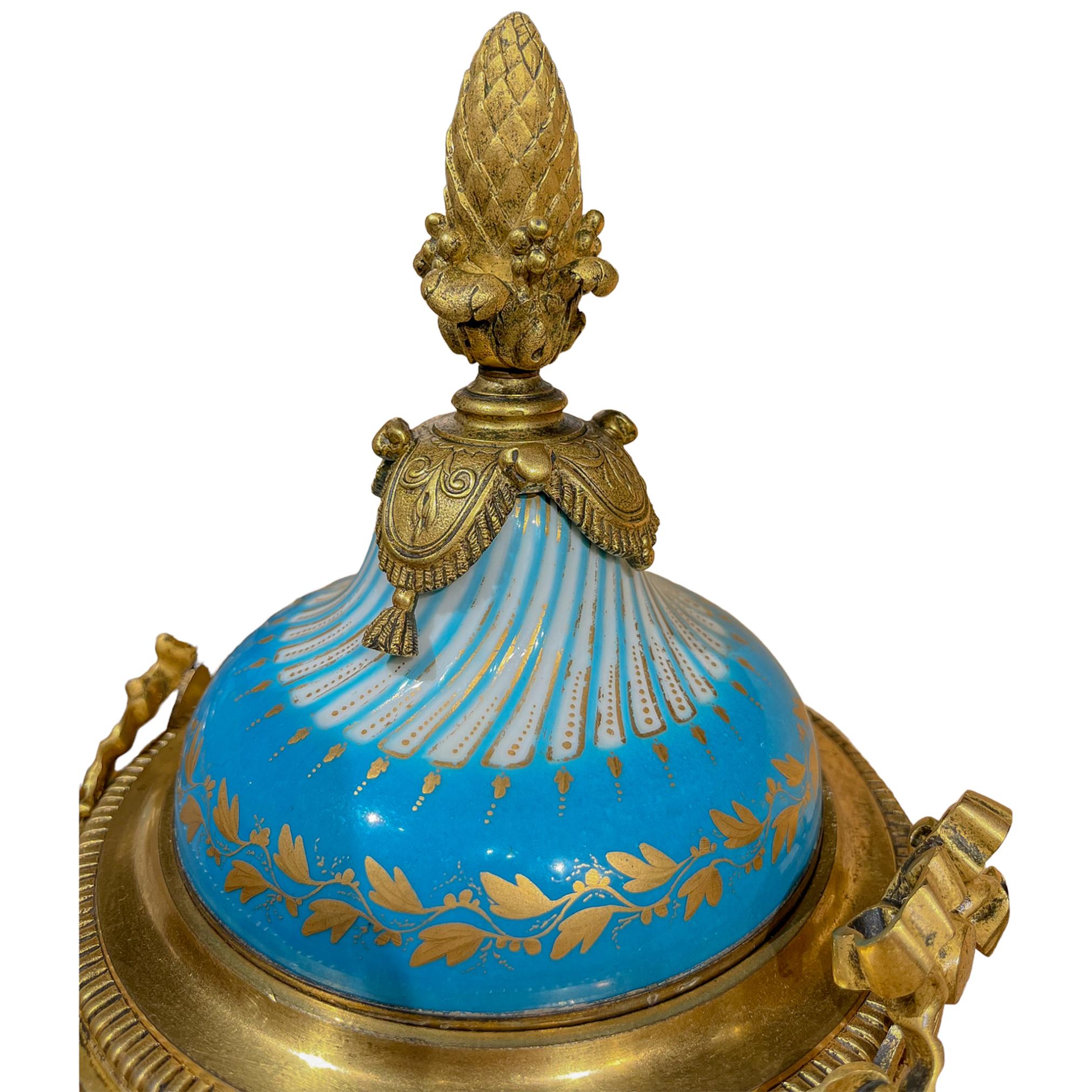 Exceptional and Unusual Pair of Porcelain Cerulean and Ormolu Urns For Sale 9