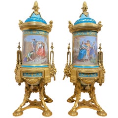 Exceptional and Unusual Pair of Porcelain Cerulean and Ormolu Urns