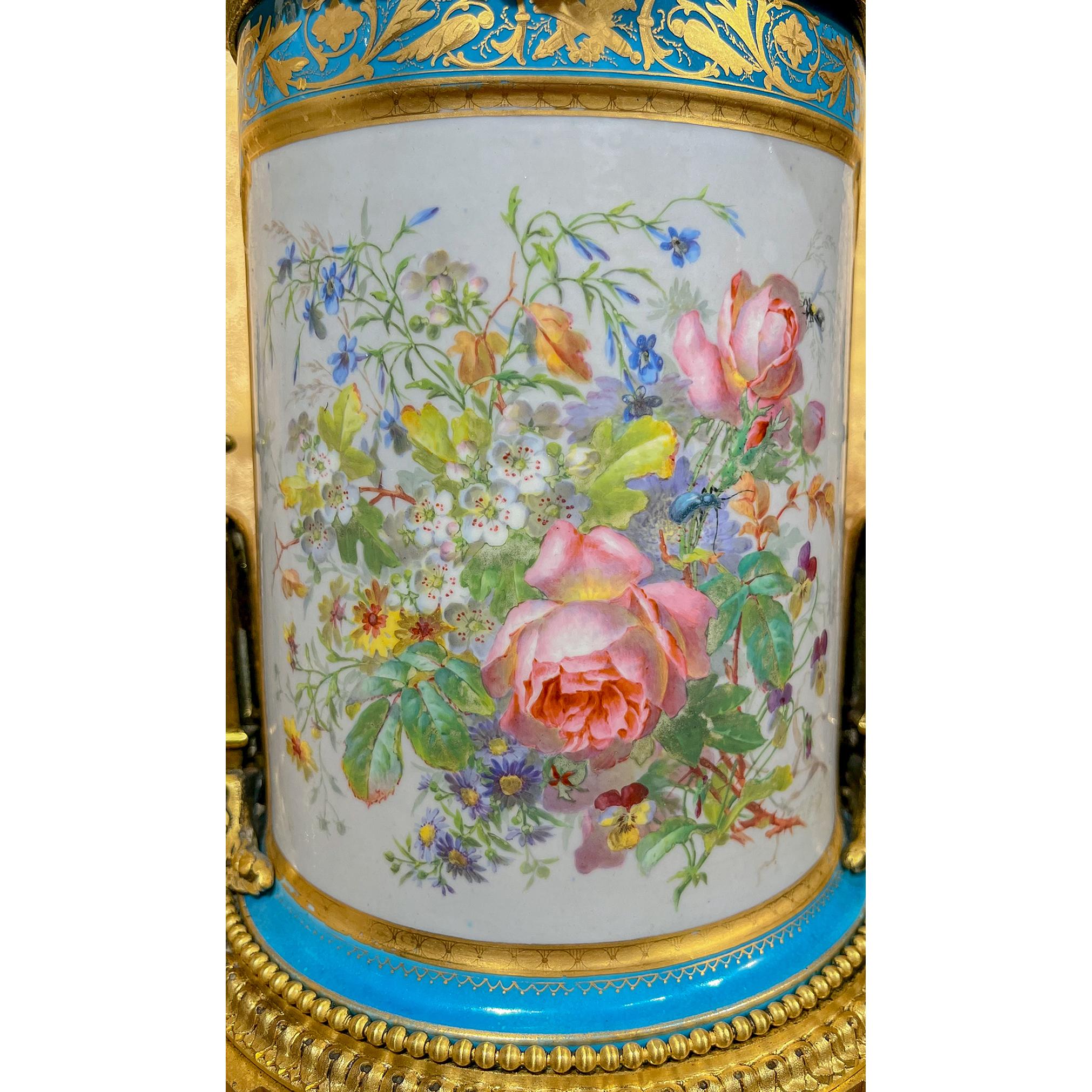 Exceptional and Unusual Pair of Porcelain Cerulean and Ormolu Urns For Sale 2