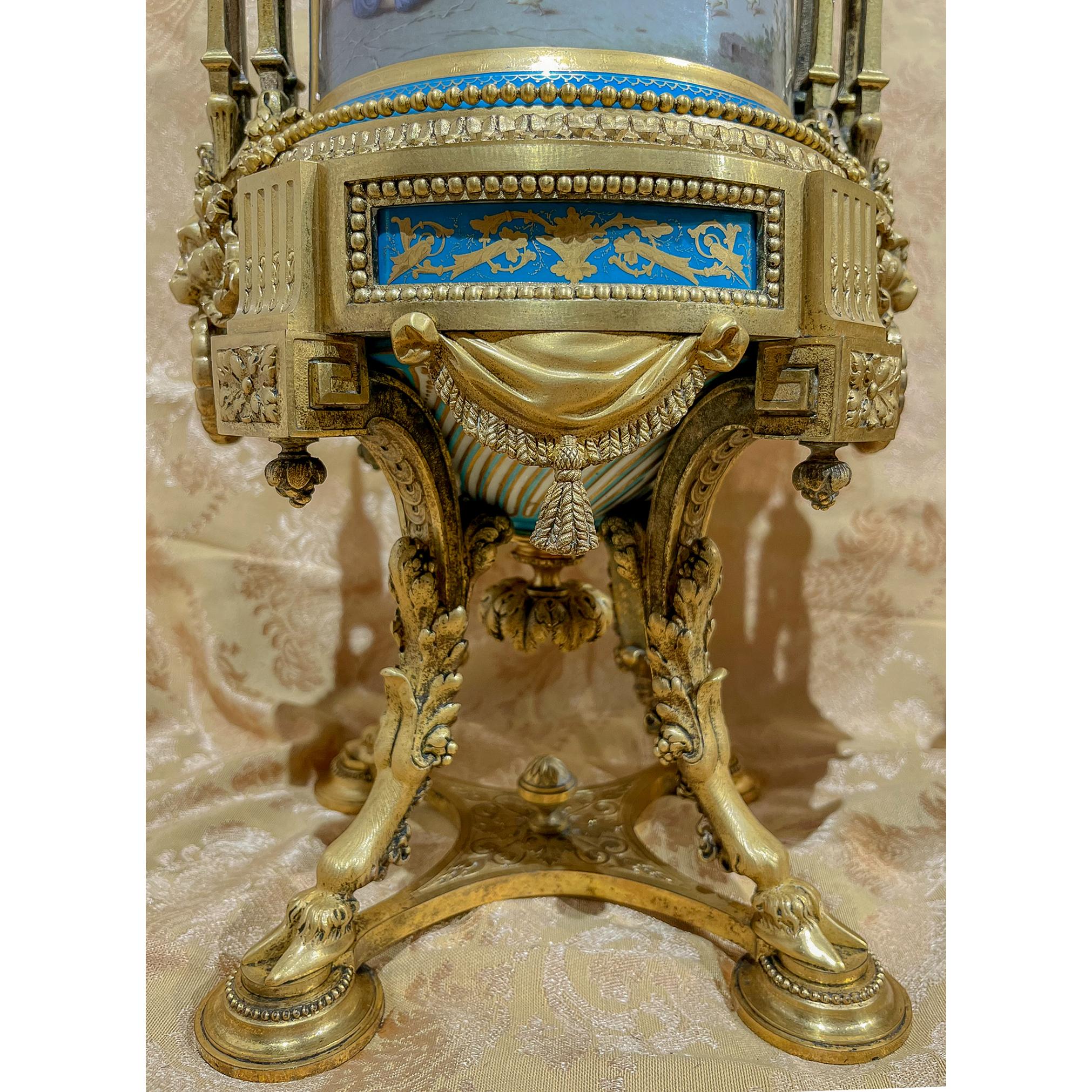 Exceptional and Unusual Pair of Porcelain Cerulean and Ormolu Urns For Sale 4