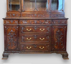 An Exceptional Antique Chinese Chippendale Mahogany Breakfront Bookcase