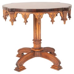 An Exceptional Arthur Brett Gothic Revival Burr Oak Inlay Carved Centre Table
