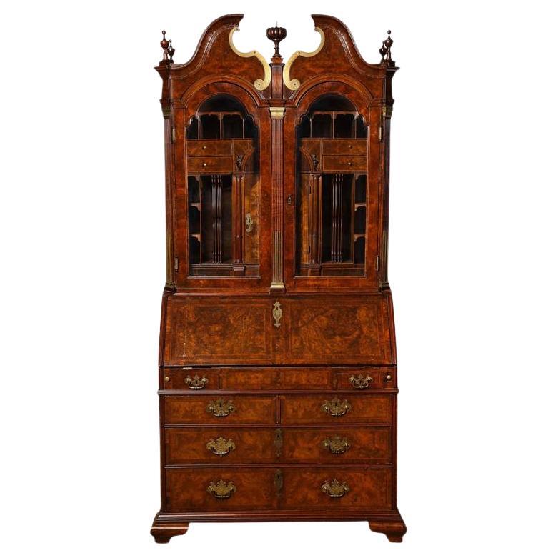 An Exceptional Burl Walnut Bureau Bookcase For Sale
