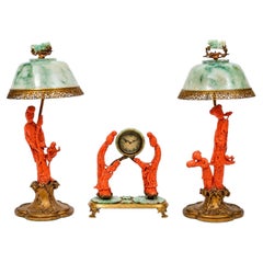 An Exceptional Edward I. Farmer Jade and Coral Clock Garniture with Lamps