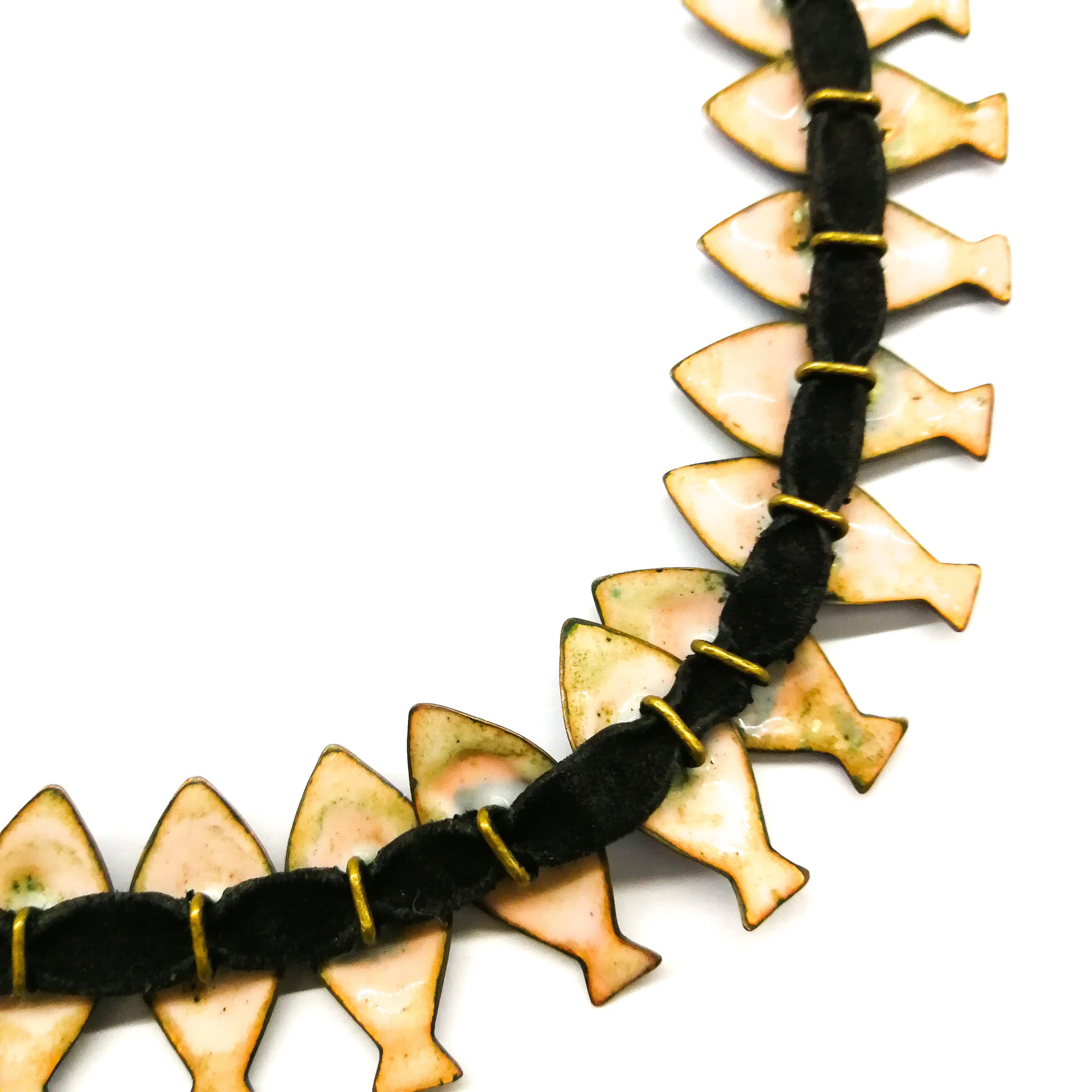 An exceptional enamel and leather 'fish' necklace, Loutzia, France, 1950s For Sale 5