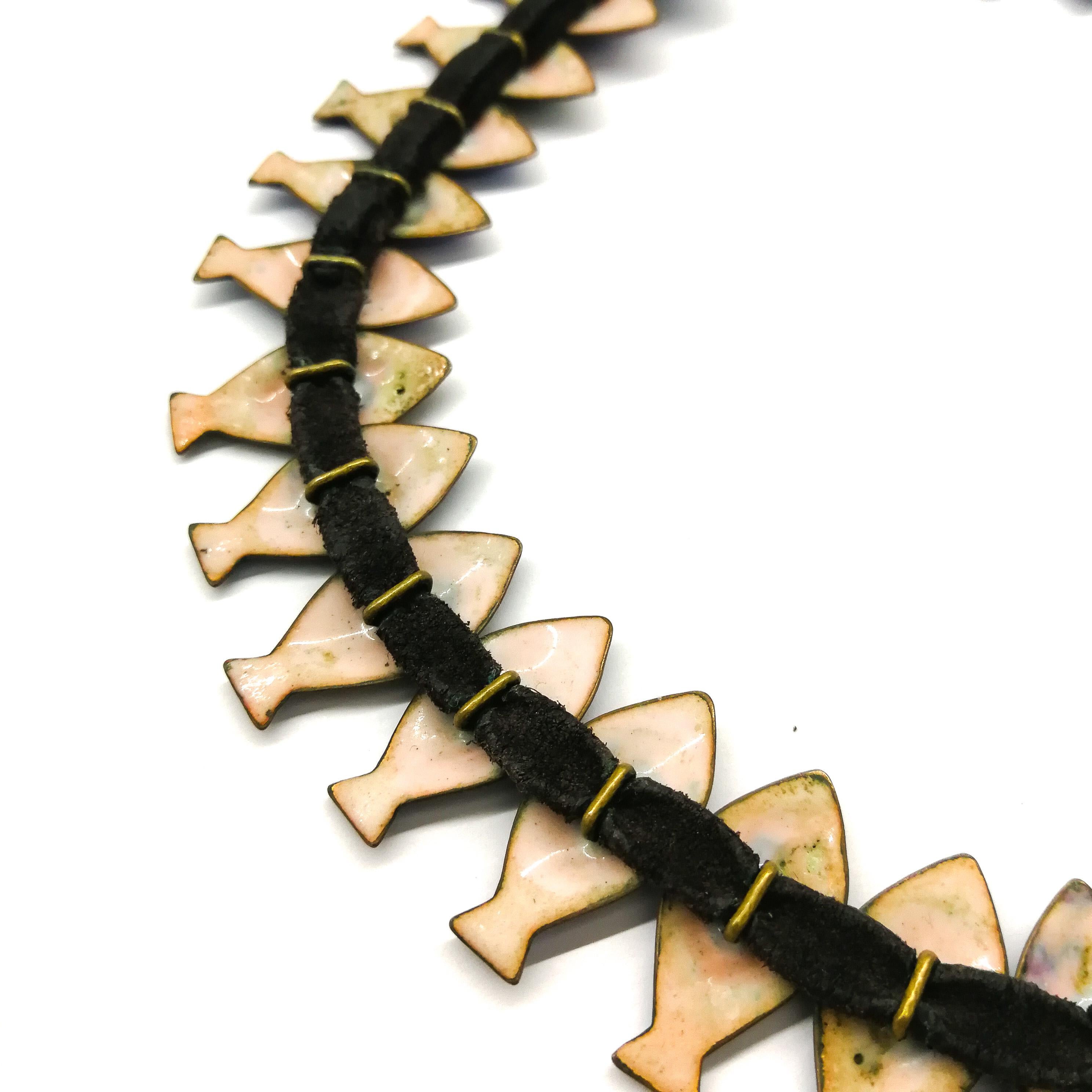 An exceptional enamel and leather 'fish' necklace, Loutzia, France, 1950s For Sale 5