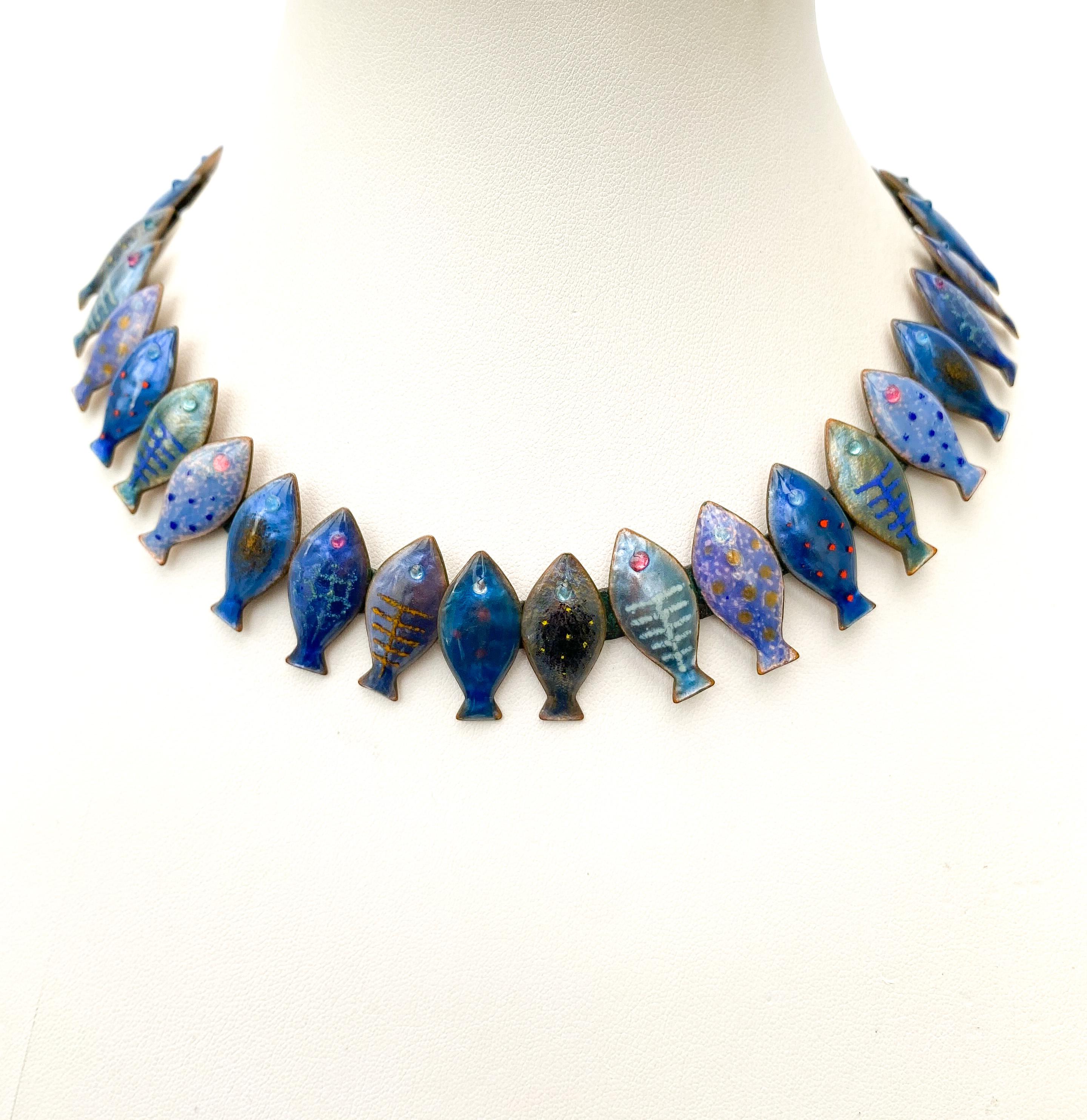 An exceptional enamel and leather 'fish' necklace, Loutzia, France, 1950s In Excellent Condition For Sale In Greyabbey, County Down