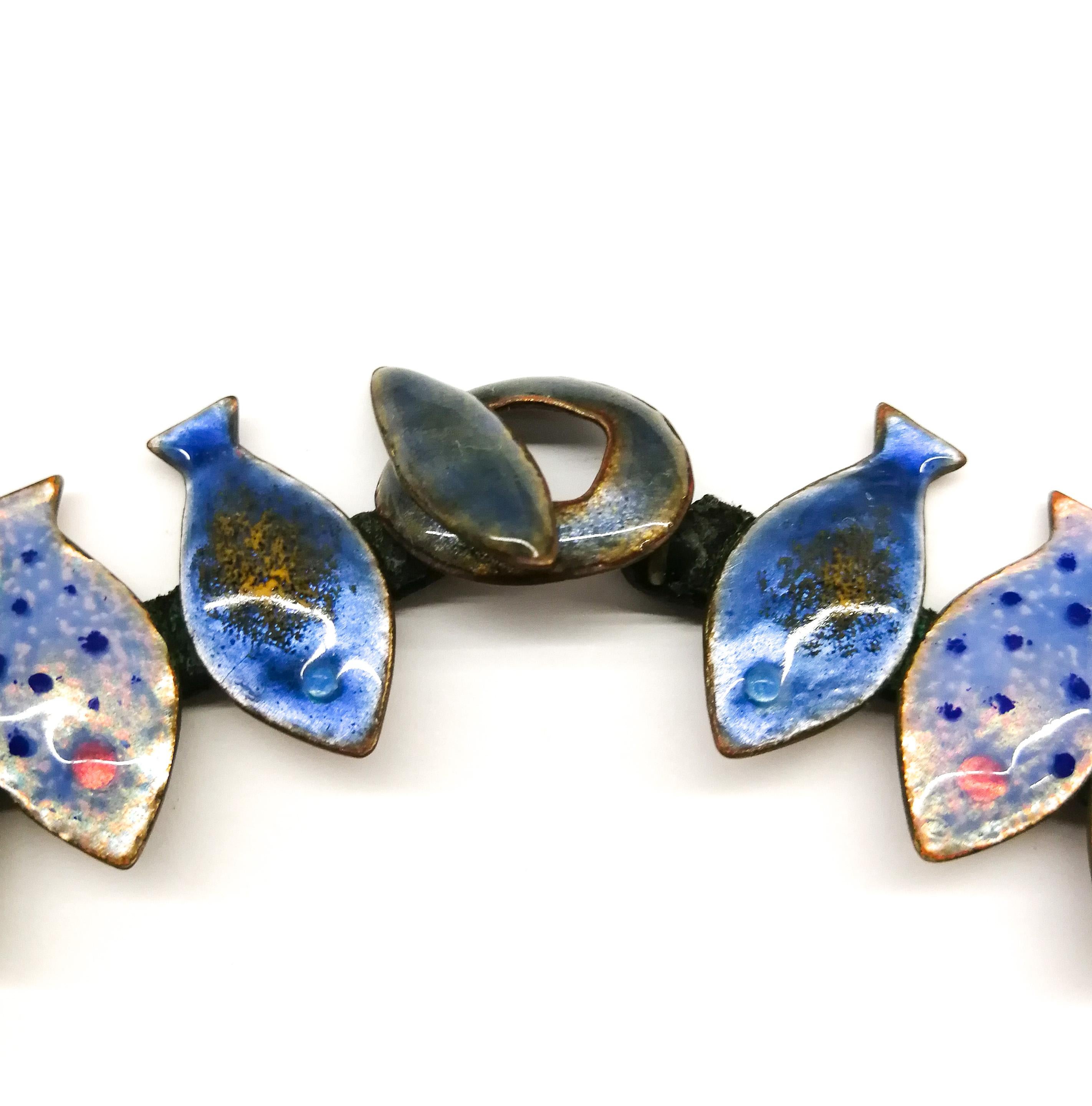 An exceptional enamel and leather 'fish' necklace, Loutzia, France, 1950s For Sale 1