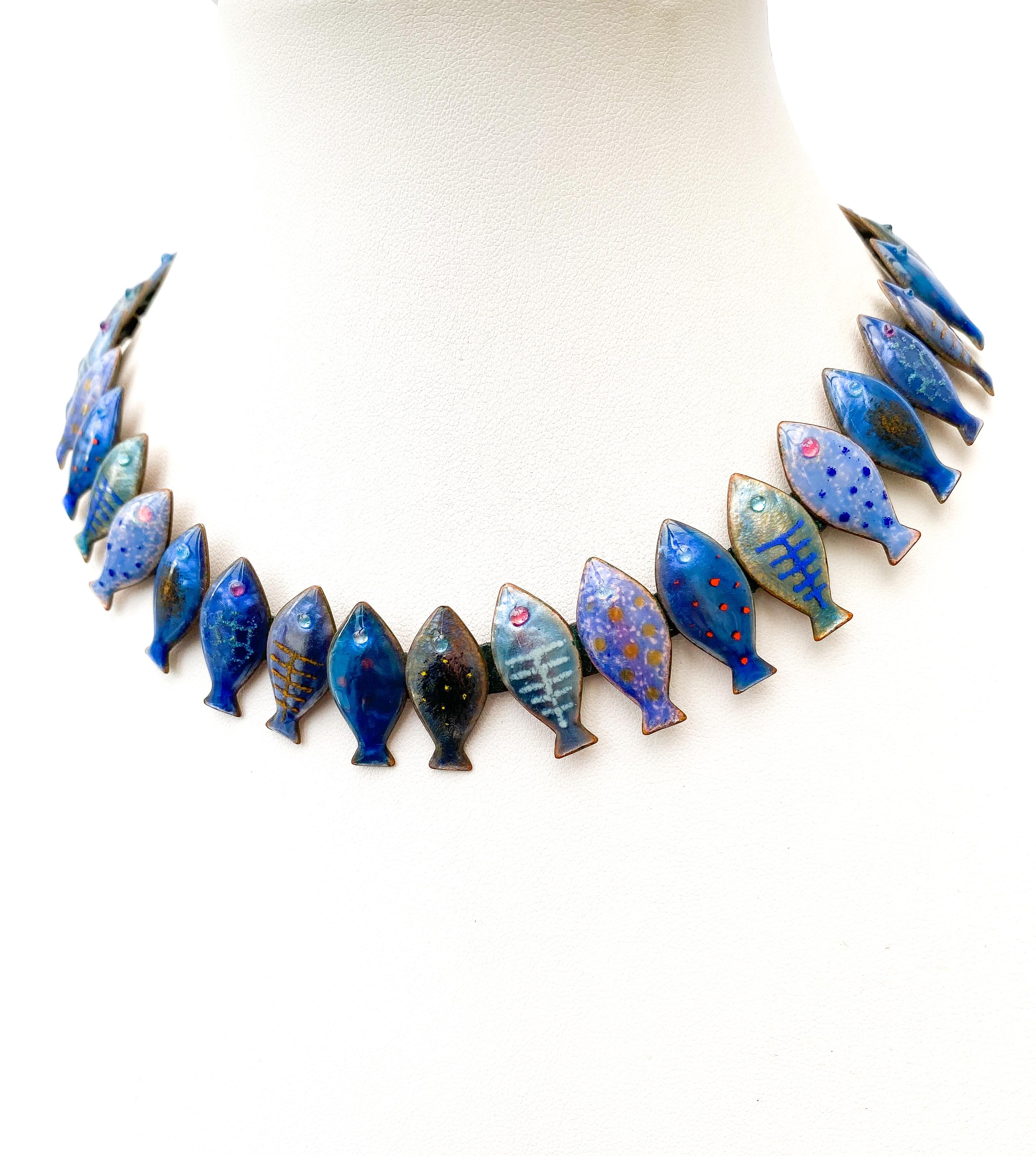 An exceptional enamel and leather 'fish' necklace, Loutzia, France, 1950s For Sale 3