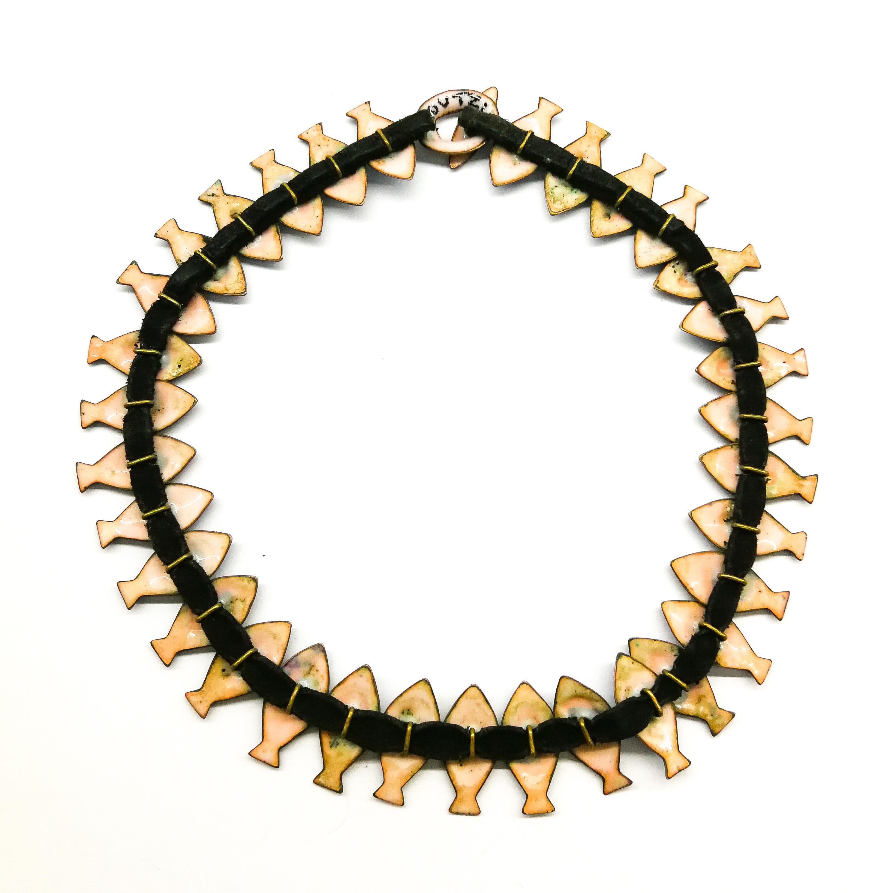 An exceptional enamel and leather 'fish' necklace, Loutzia, France, 1950s For Sale 4