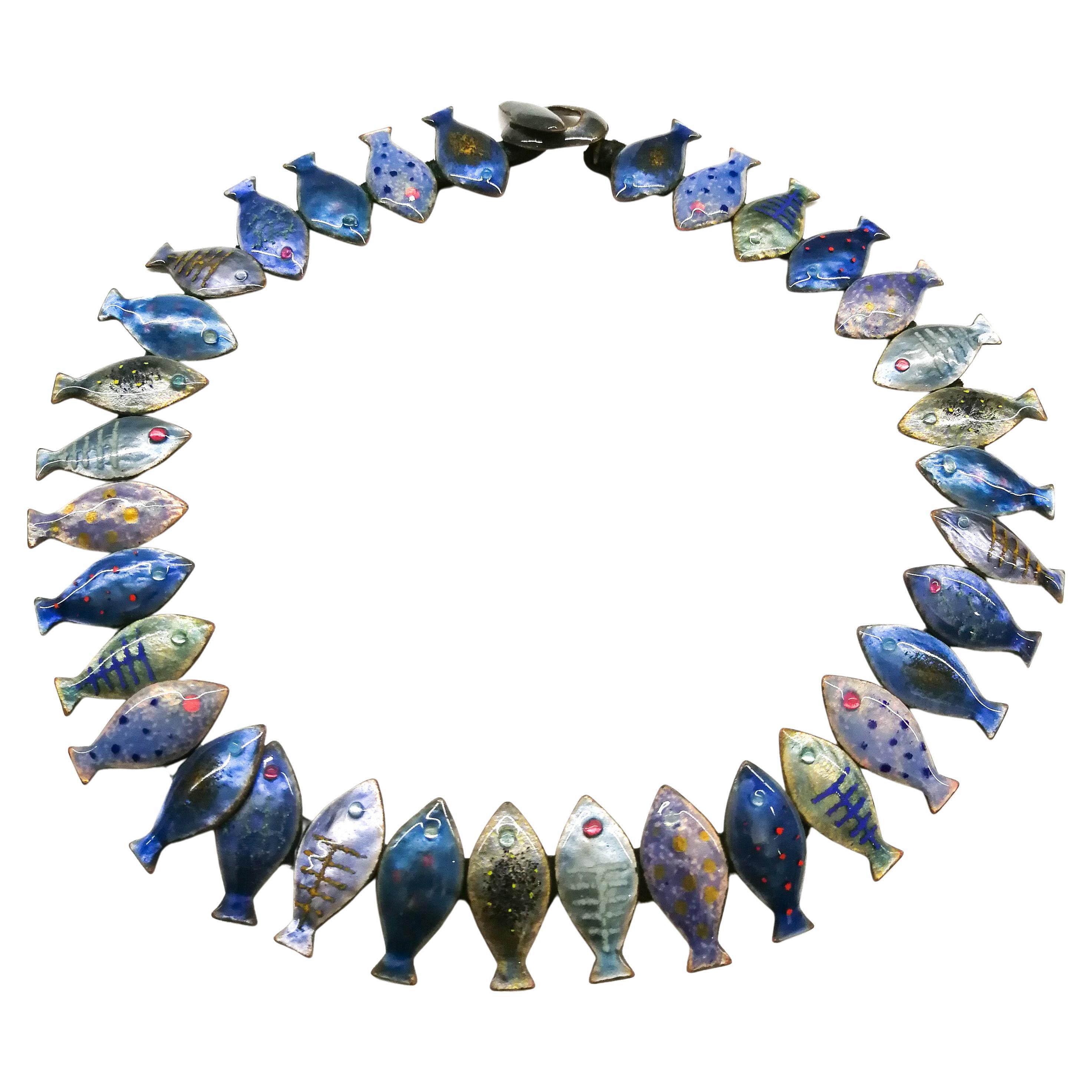 An exceptional enamel and leather 'fish' necklace, Loutzia, France, 1950s For Sale