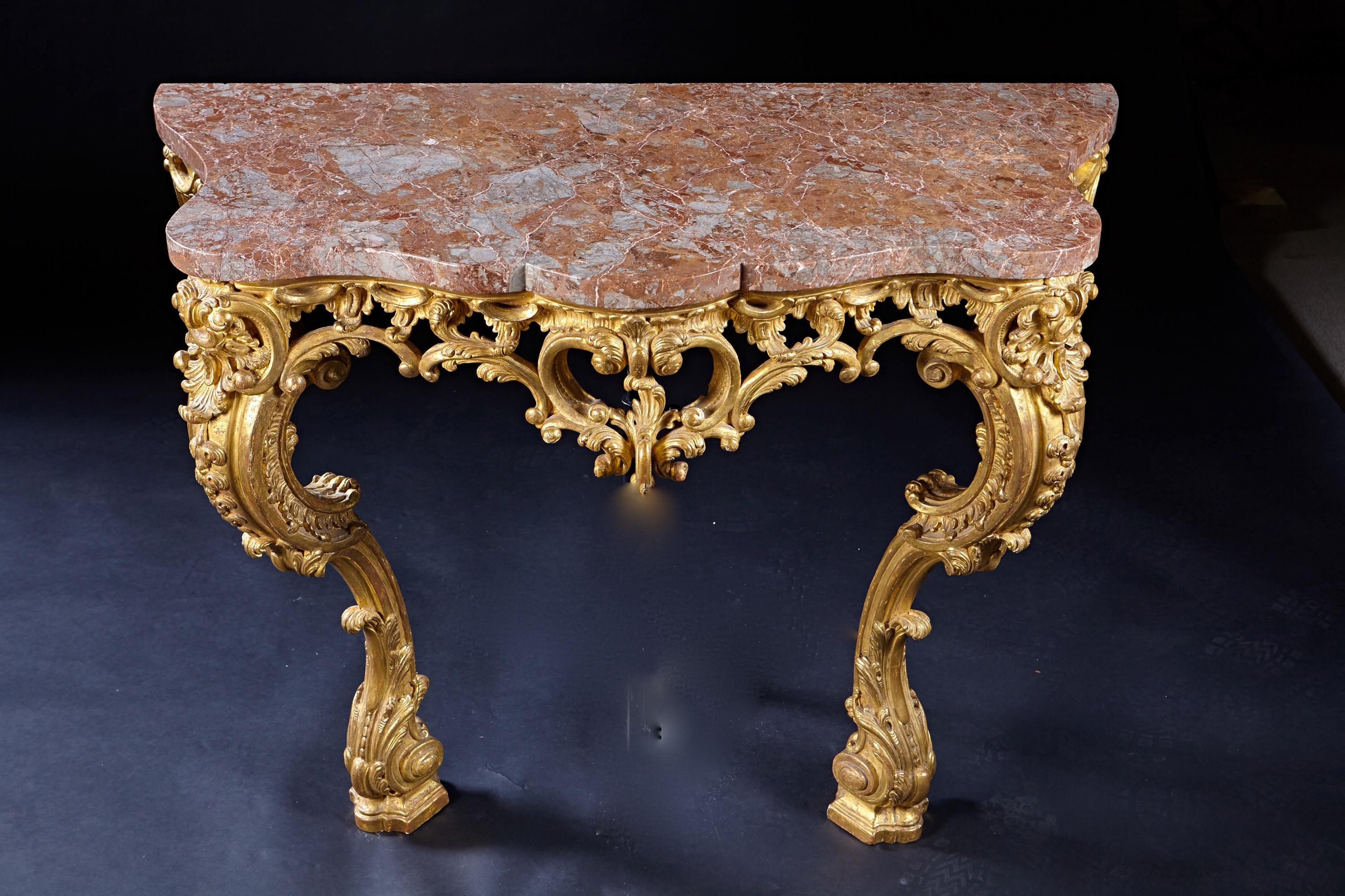 Mid-18th Century Exceptional English George III Period Carved and Gilded Rococo Console Table For Sale