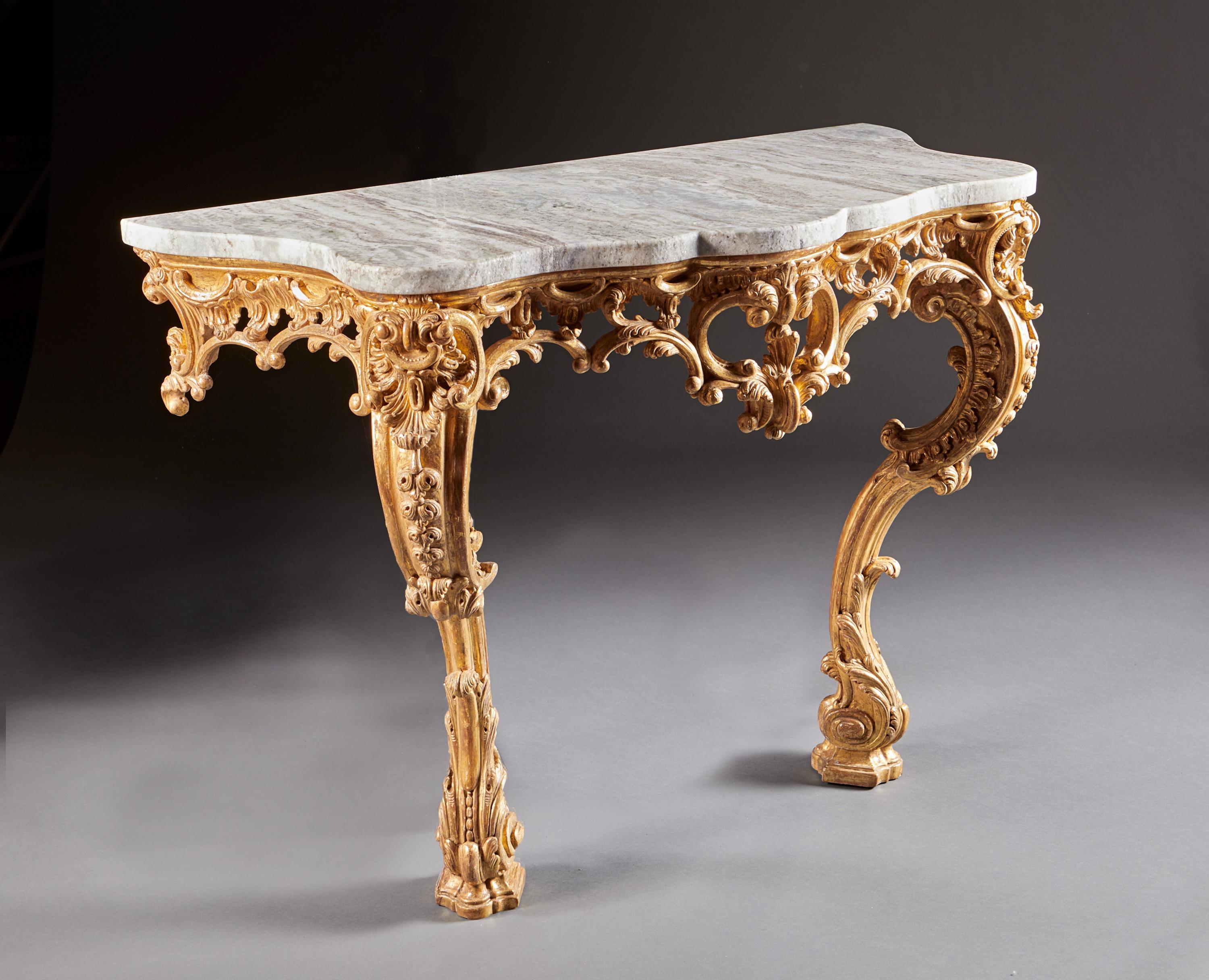 Marble Exceptional English George III Period Carved and Gilded Rococo Console Table For Sale