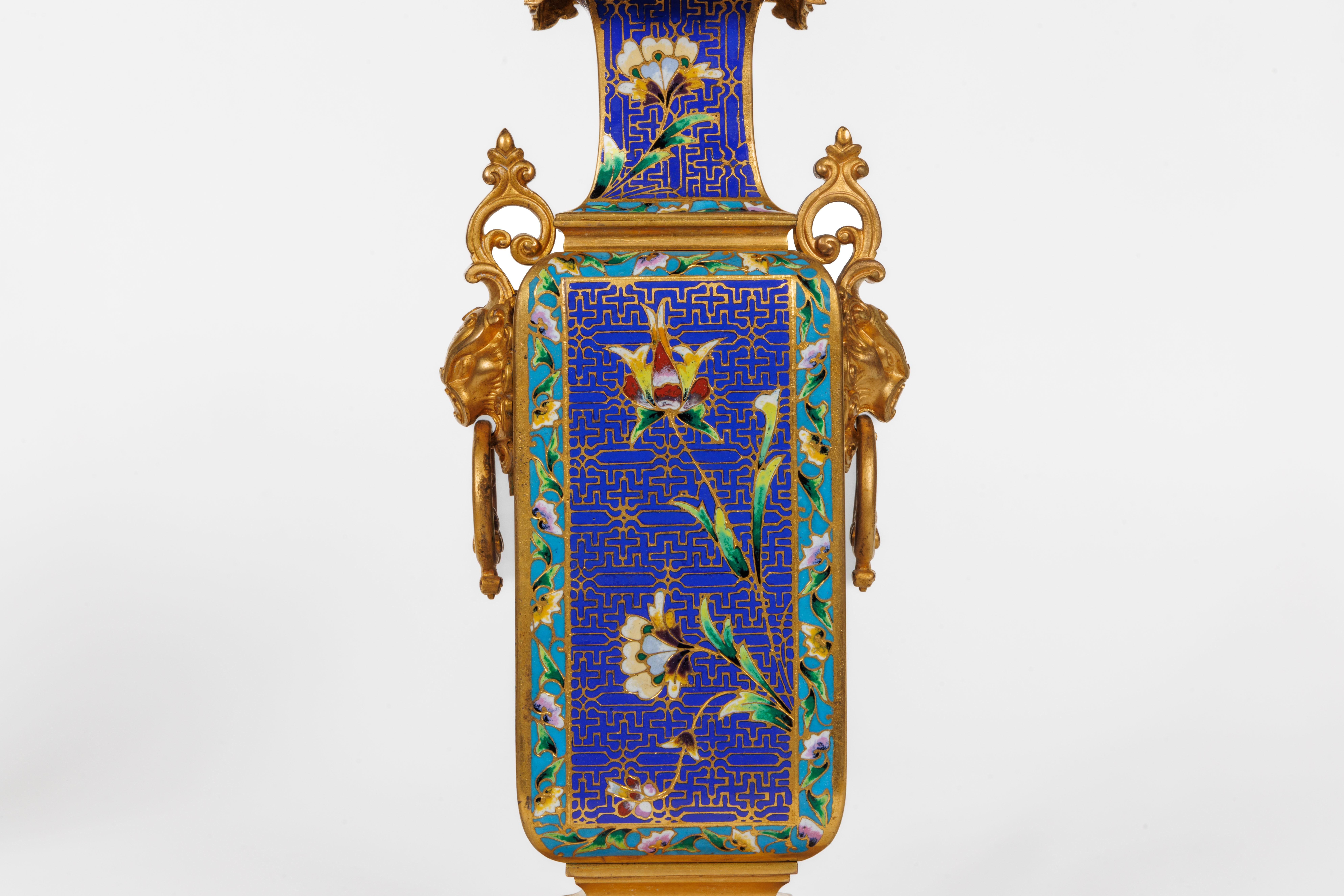 An Exceptional French Japonisme Ormolu and Champleve Enamel Five Piece Clock Set For Sale 8