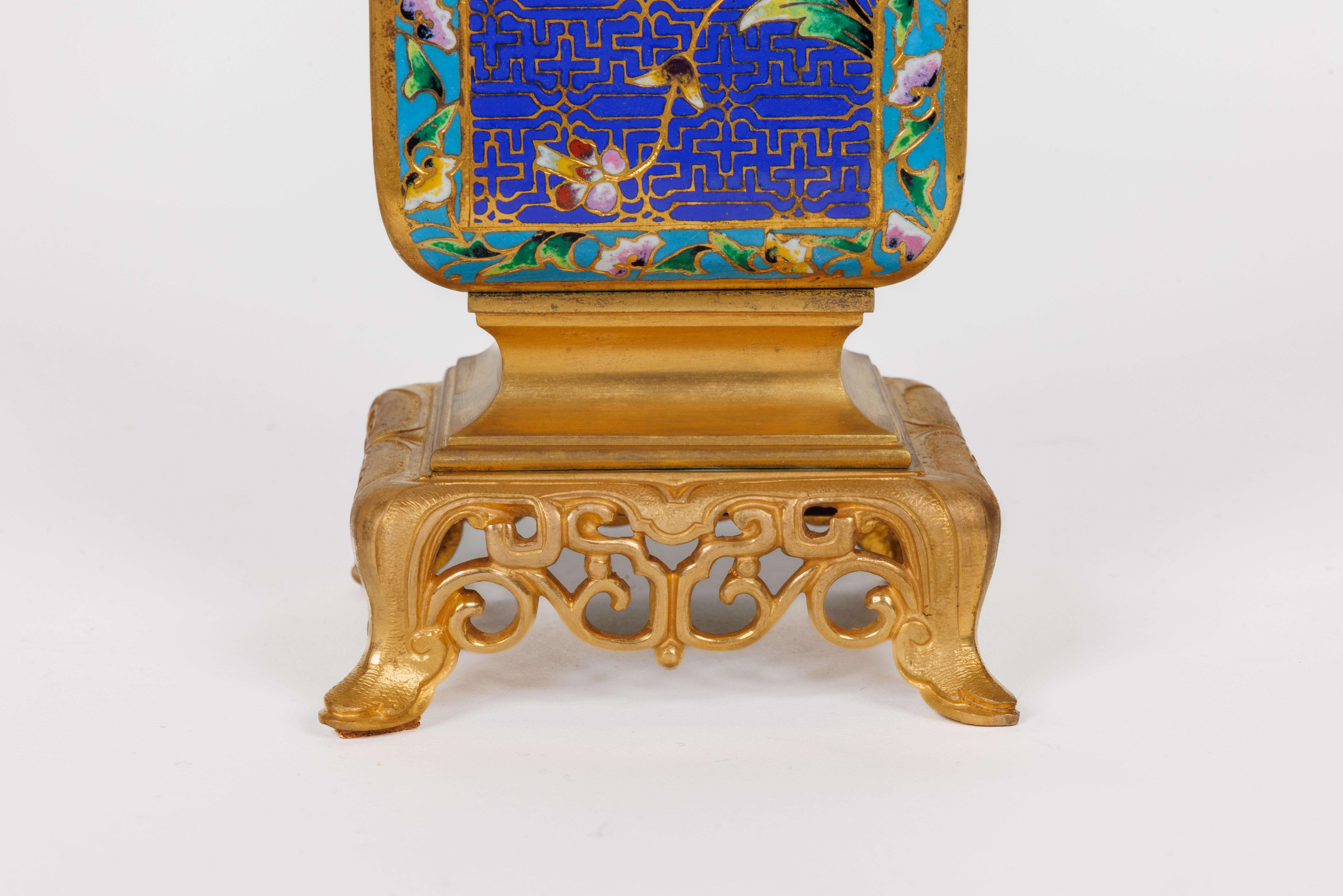 An Exceptional French Japonisme Ormolu and Champleve Enamel Five Piece Clock Set For Sale 9