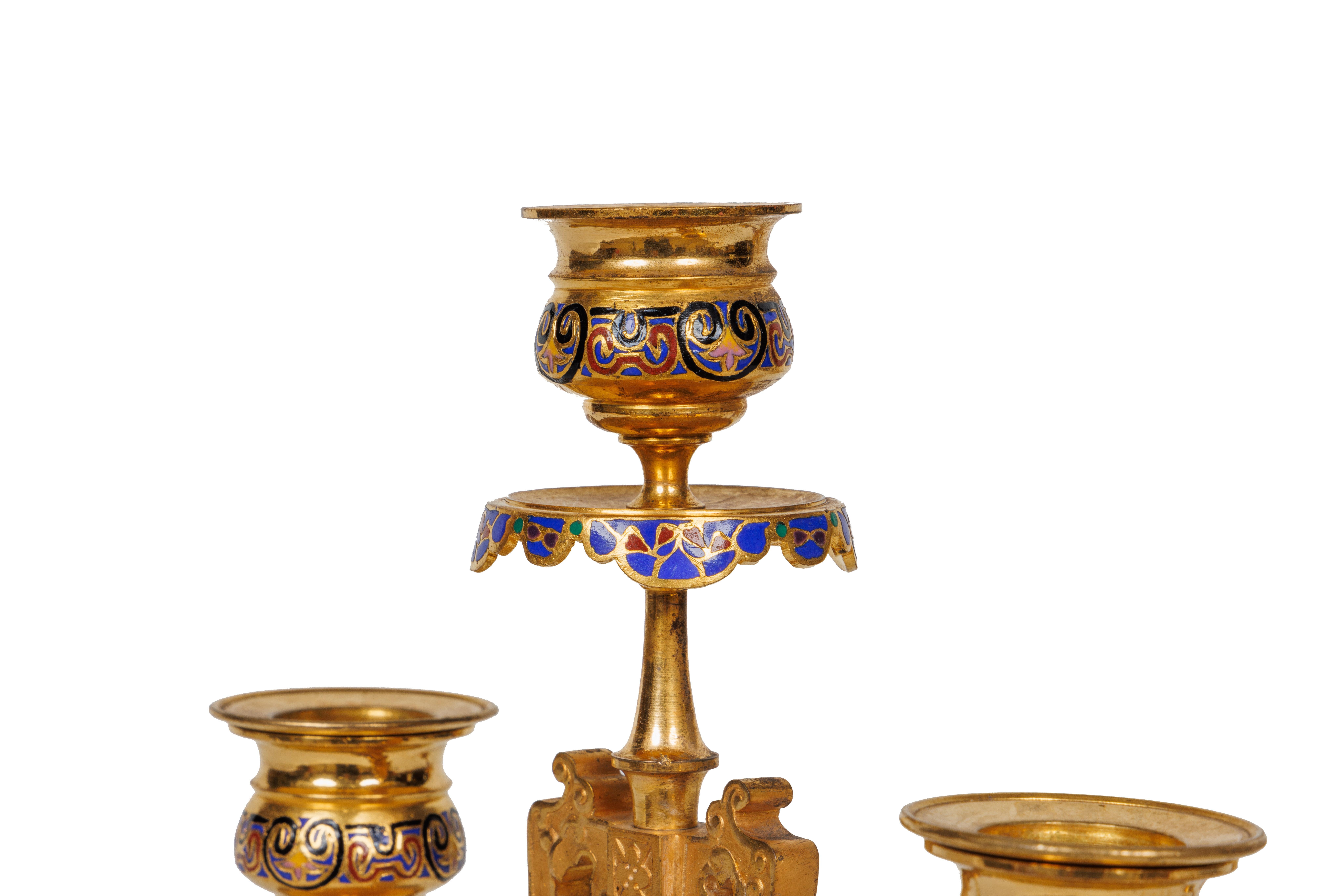 An Exceptional French Japonisme Ormolu and Champleve Enamel Five Piece Clock Set For Sale 12