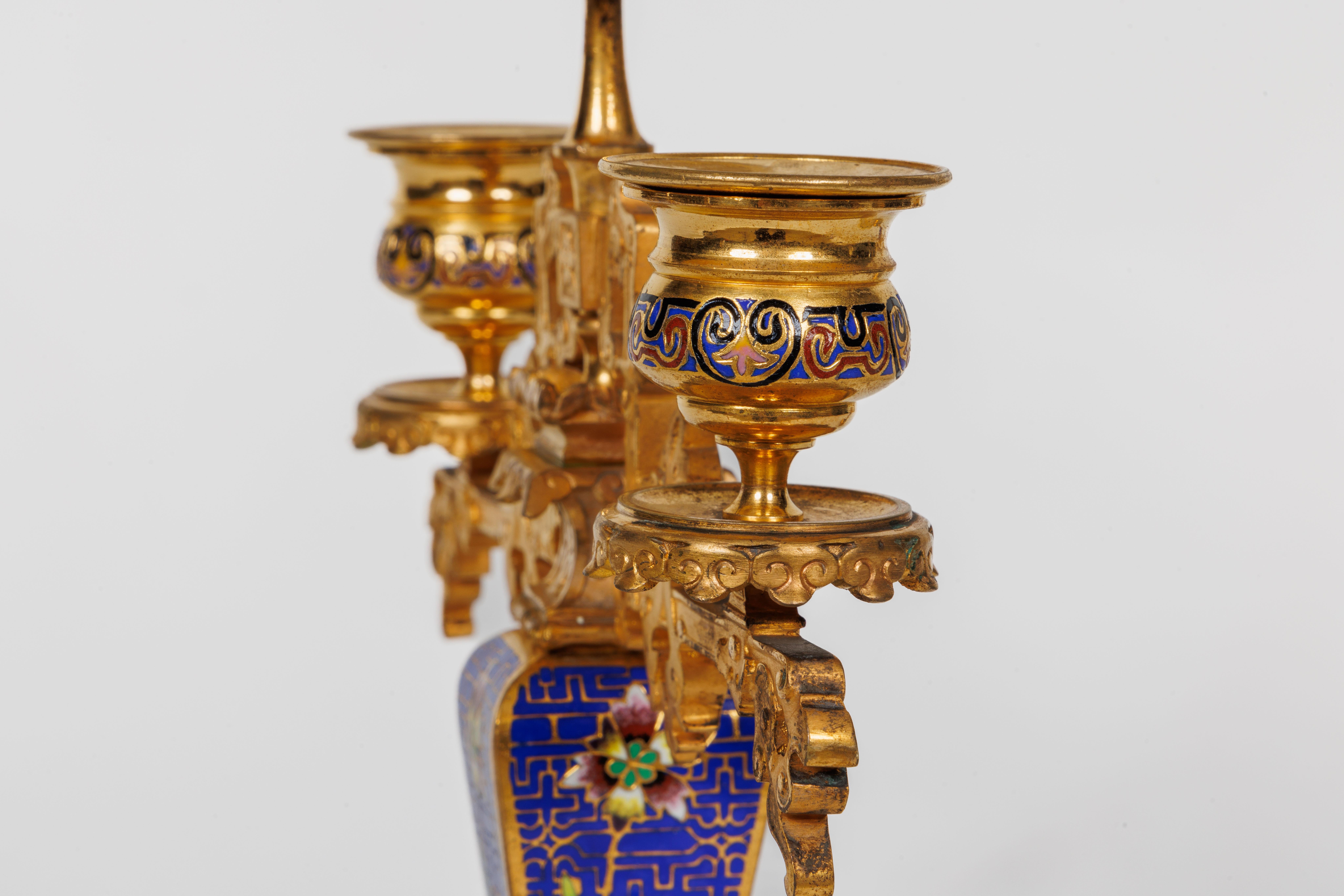 An Exceptional French Japonisme Ormolu and Champleve Enamel Five Piece Clock Set For Sale 13