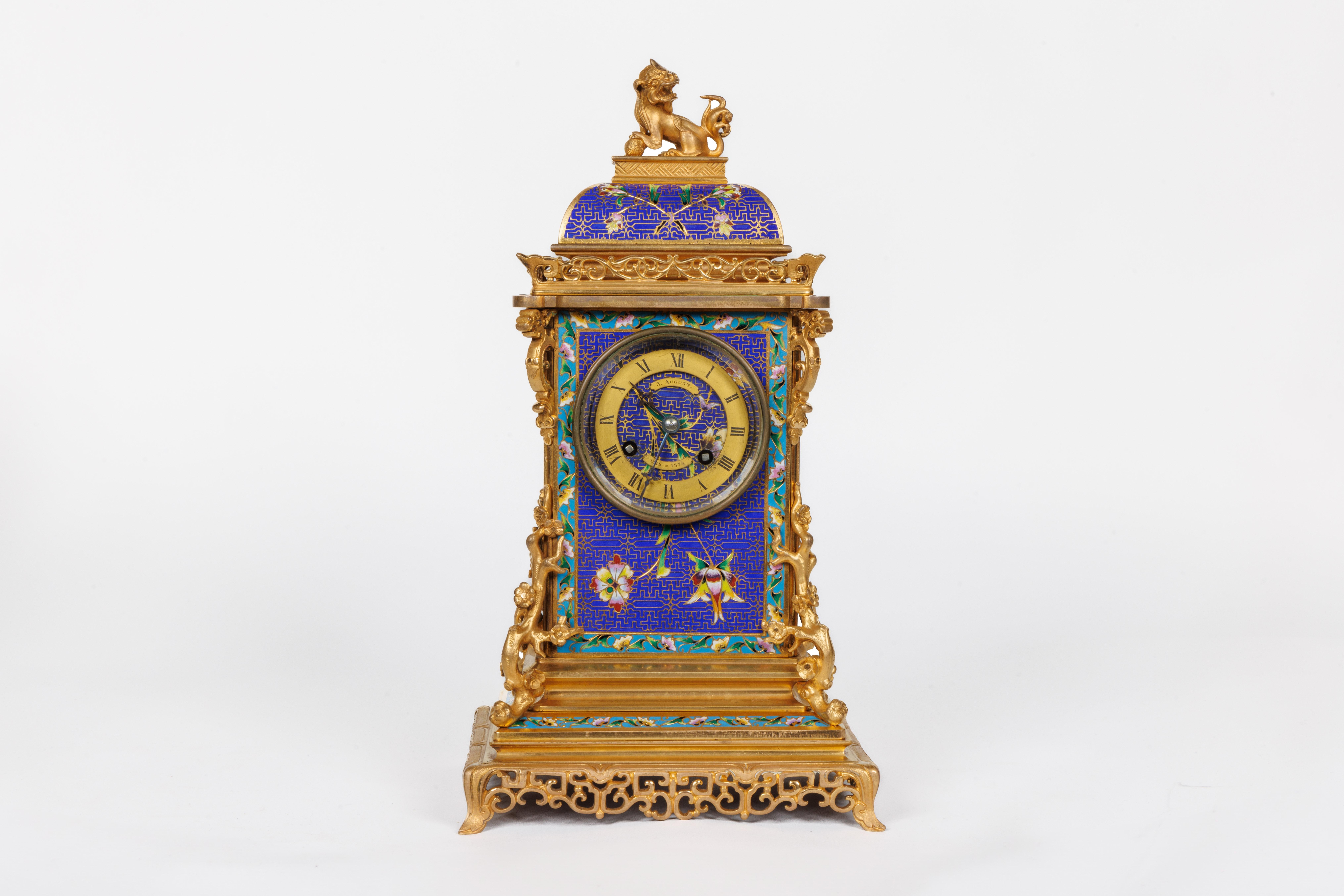 An Exceptional French Japonisme Ormolu and Champlevé Enamel Five-Piece Clock Set, In the Manner of Edouard Lièvre, circa 1870, Paris.

This extraordinary French Japonisme clock set, crafted in the manner of the celebrated designer Edouard Lièvre,