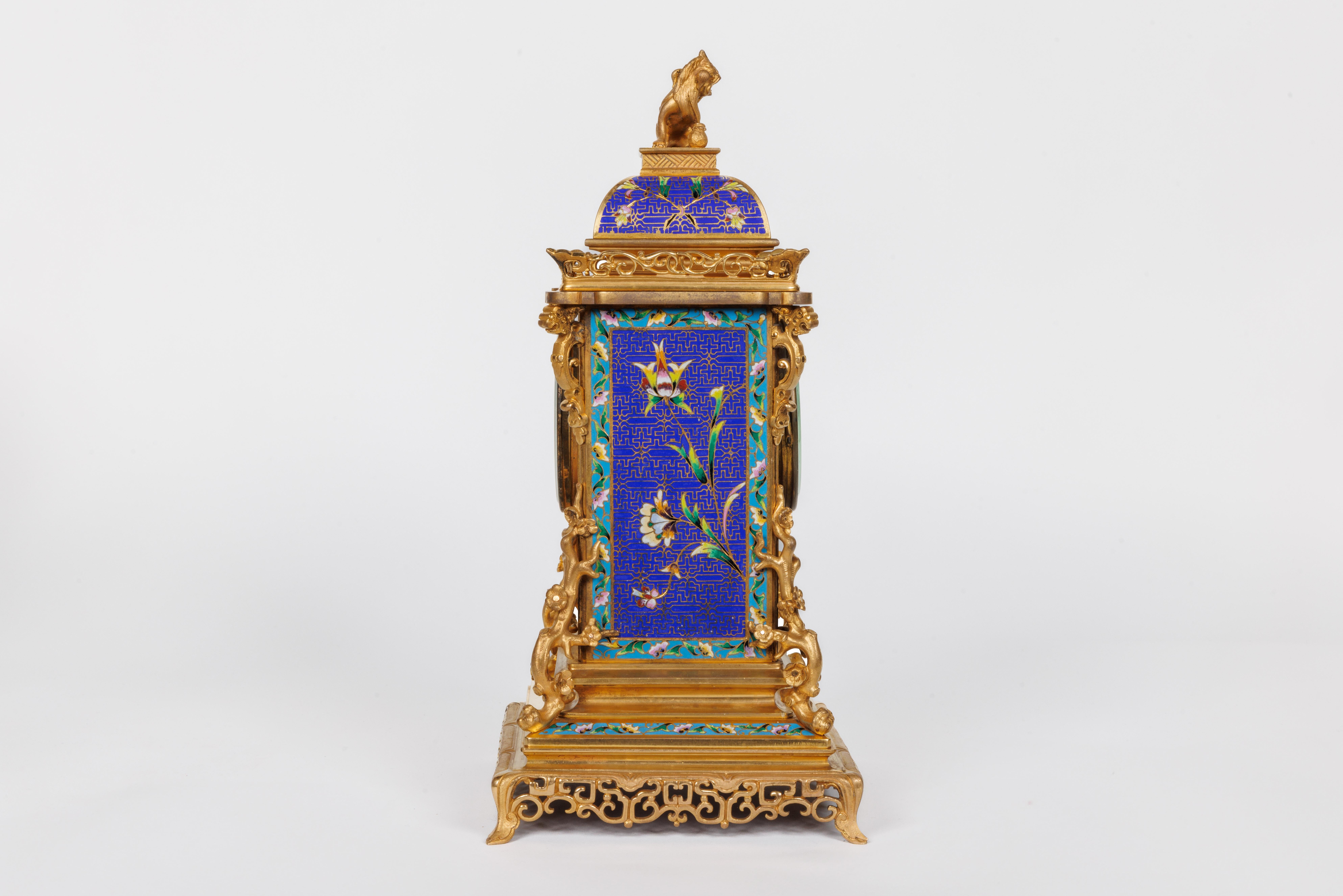 An Exceptional French Japonisme Ormolu and Champleve Enamel Five Piece Clock Set In Good Condition For Sale In New York, NY