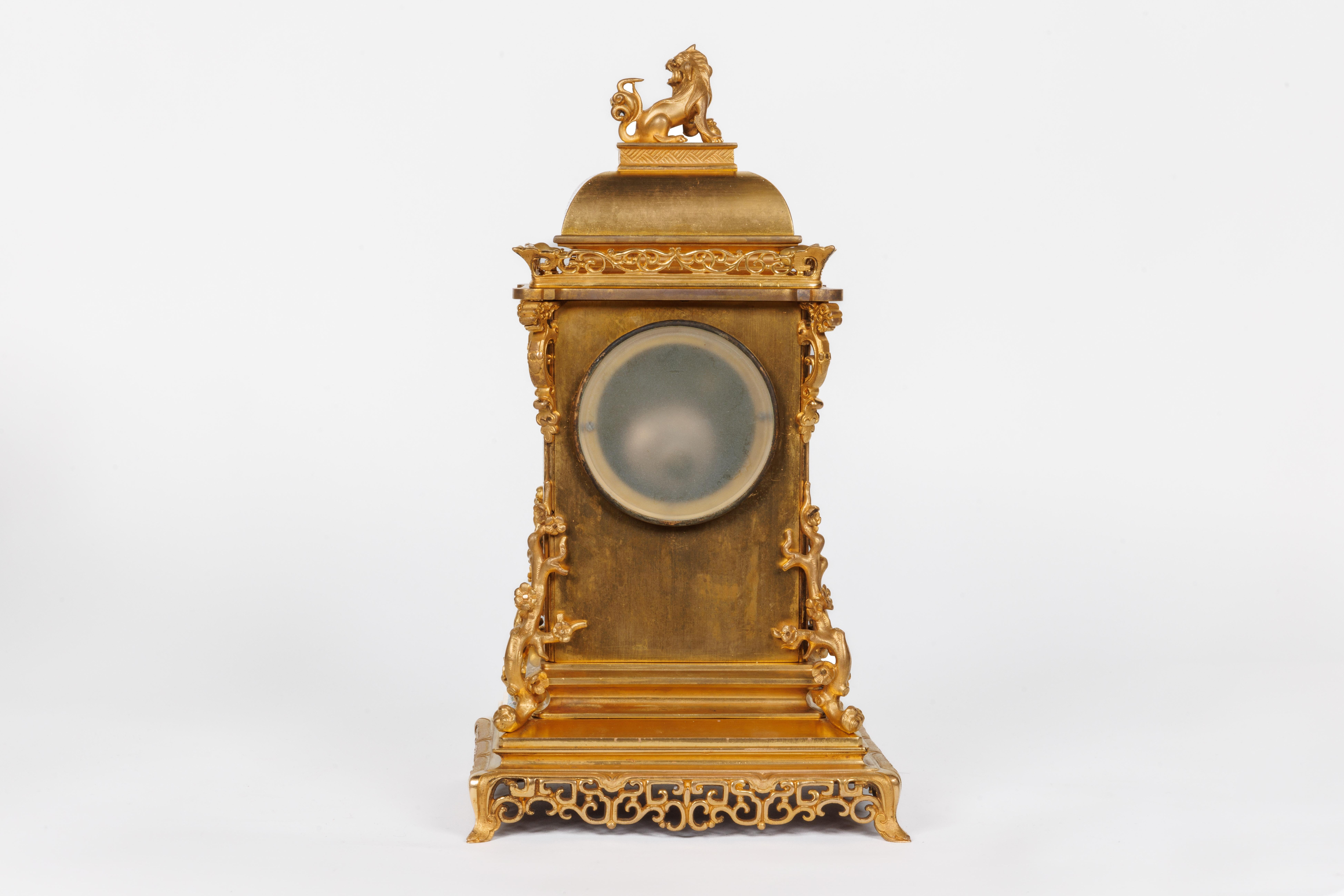 An Exceptional French Japonisme Ormolu and Champleve Enamel Five Piece Clock Set For Sale 1