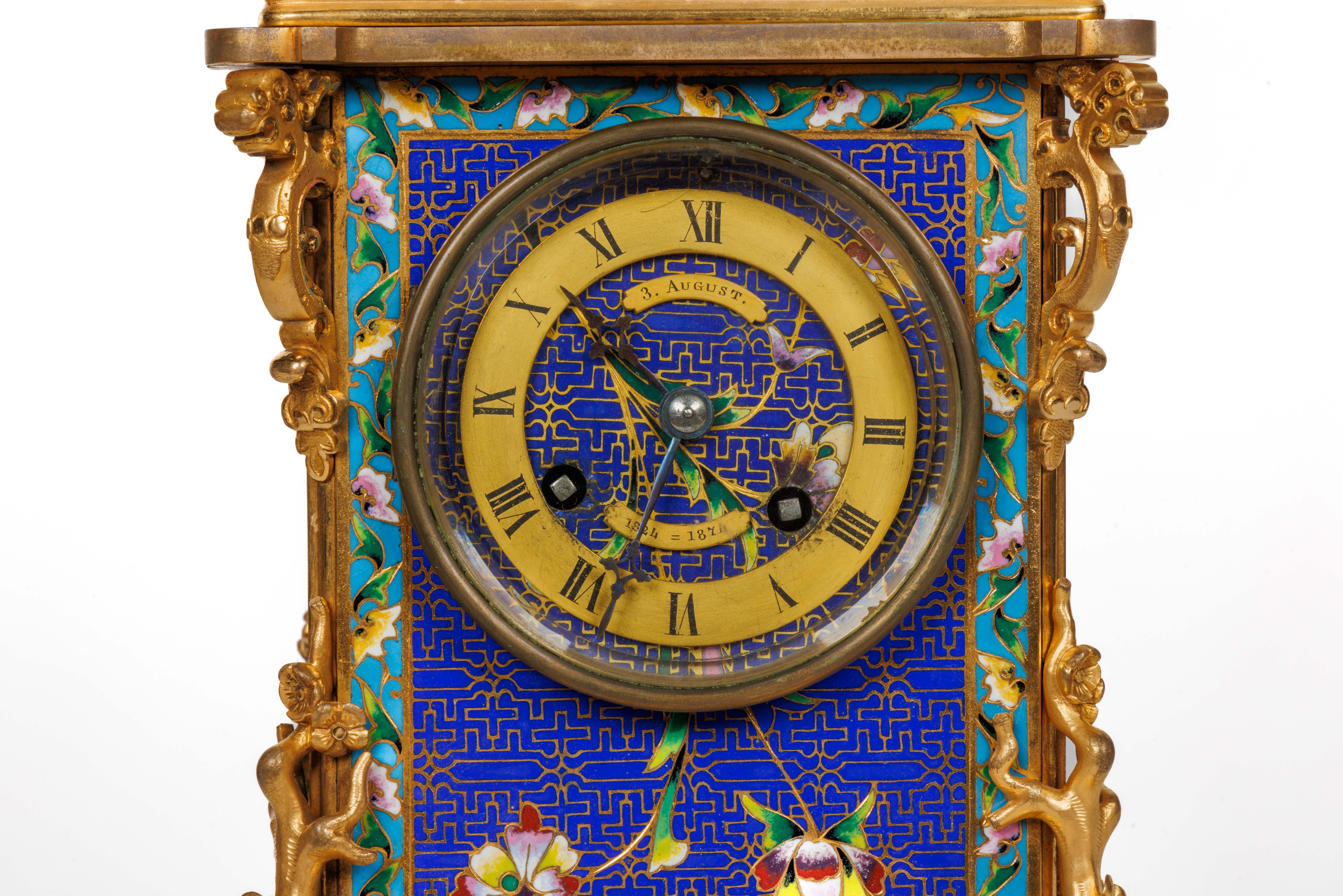 An Exceptional French Japonisme Ormolu and Champleve Enamel Five Piece Clock Set For Sale 4